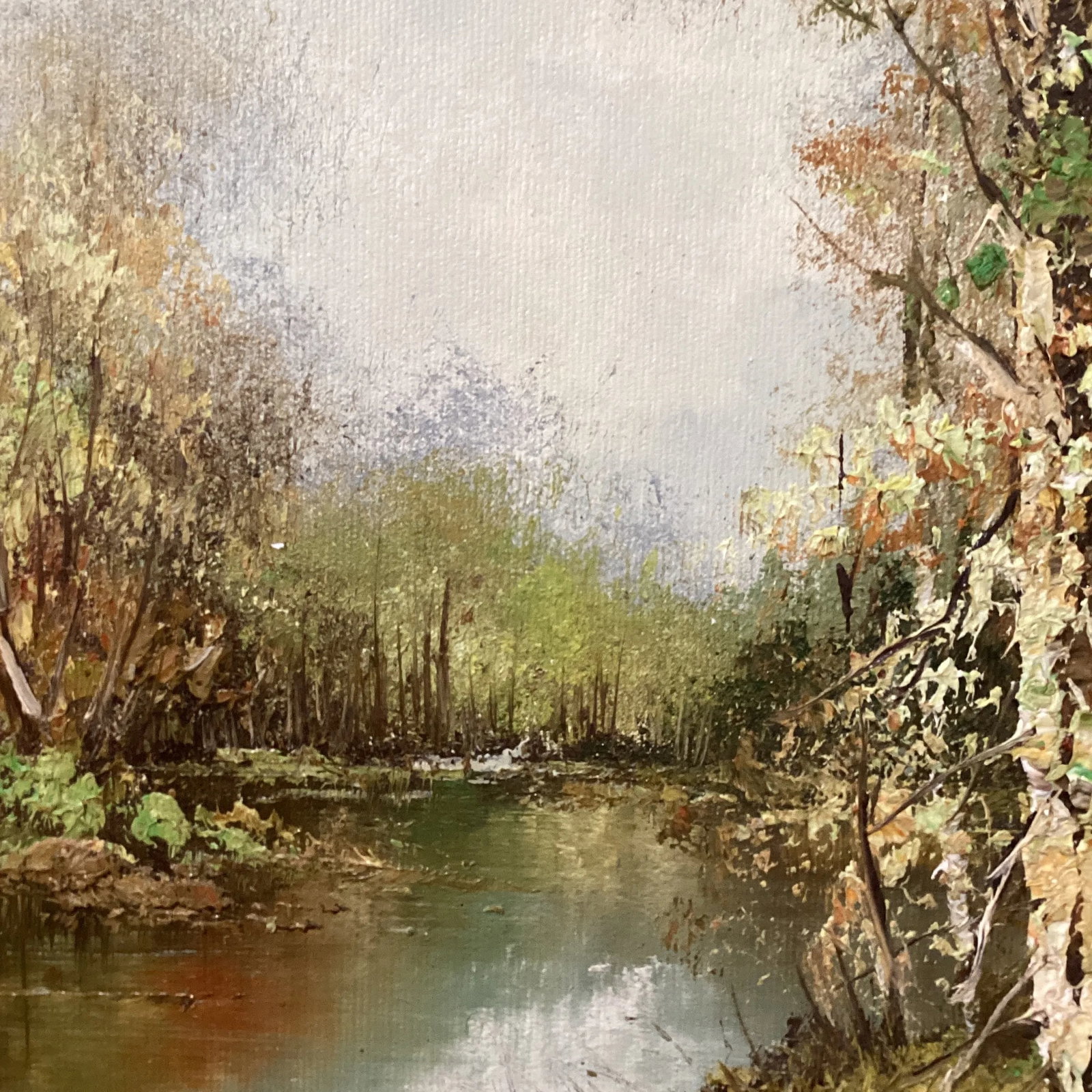 Mid 20th Century Painting on Canvas Landscape Framed River Fall Trees Signed M.Howard - 7