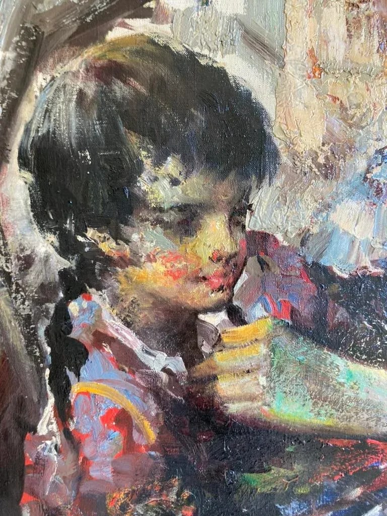 1970s Woman Selling Fish - Anoush Rahnavardkar Oil on Canvas - 3