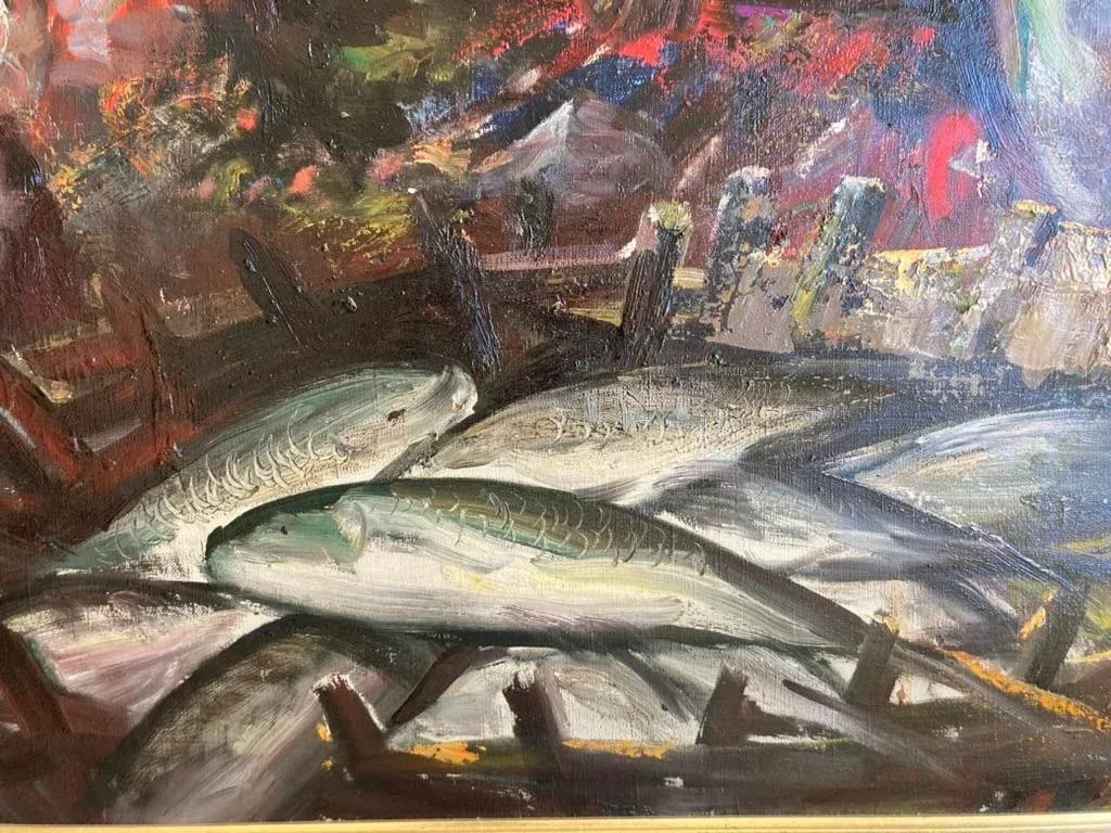 1970s Woman Selling Fish - Anoush Rahnavardkar Oil on Canvas - 7