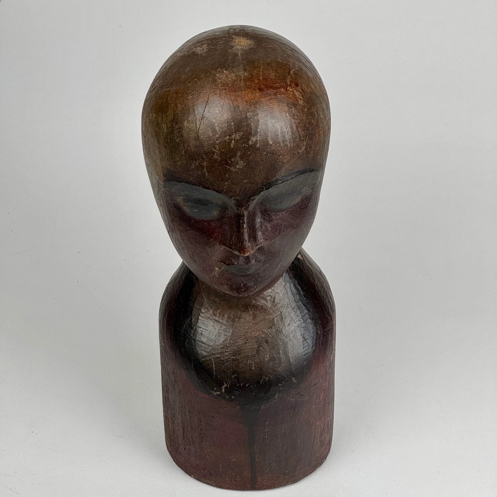 Unique 19th C. American Wood, Hand Carved Milliner Head Bust Sculpture - 3