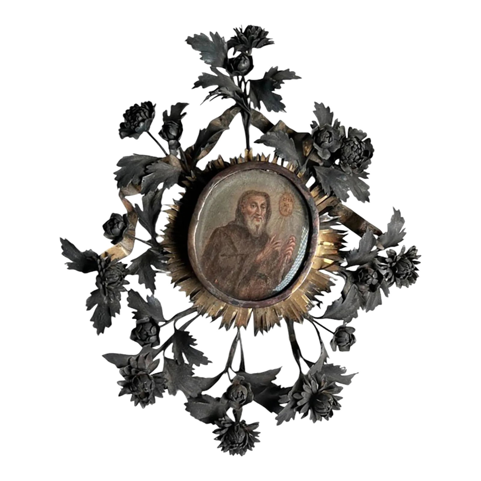 European Painting of a Saint in Silver Frame: An 18th century saint painted portrait in a frame with silver flowers, leaves and bronze dore sunburst trim. Beveled oval glass. Circa,1750, Italy. Condition: Alterations: Original Condition