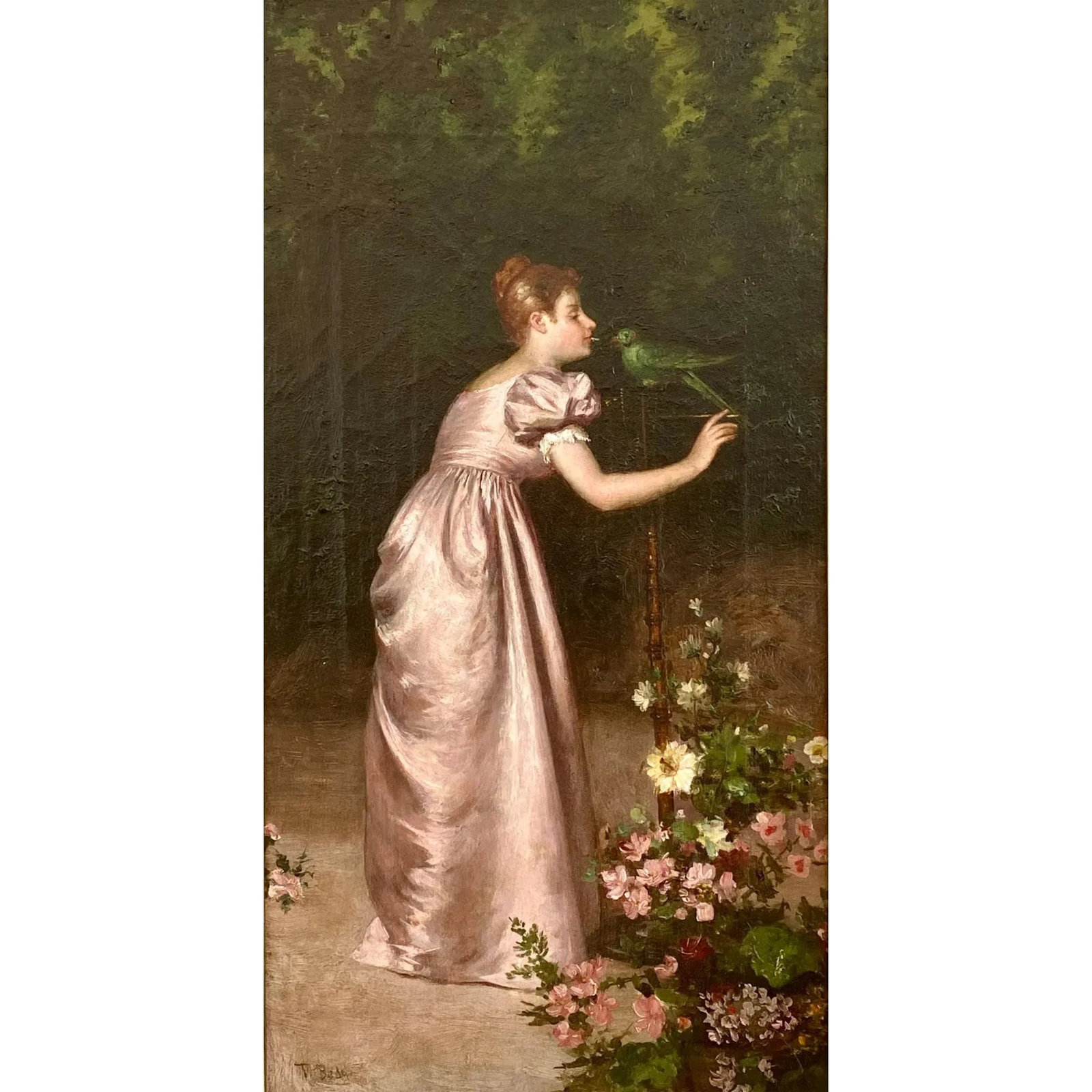 Francesco Beda, Italian. "Lady With Parrot", Oil Canvas 19th C. - 2