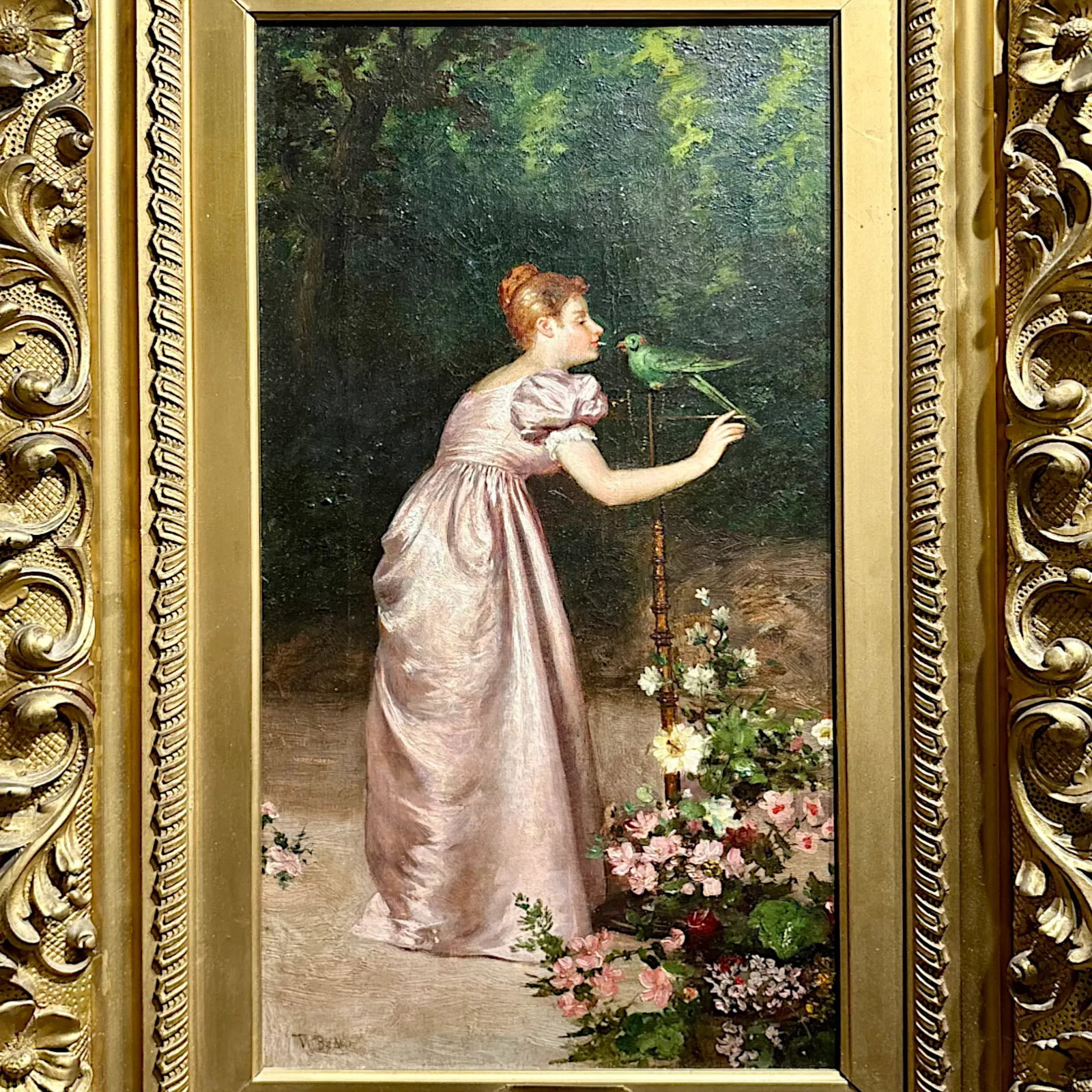 Francesco Beda, Italian. "Lady With Parrot", Oil Canvas 19th C. - 3