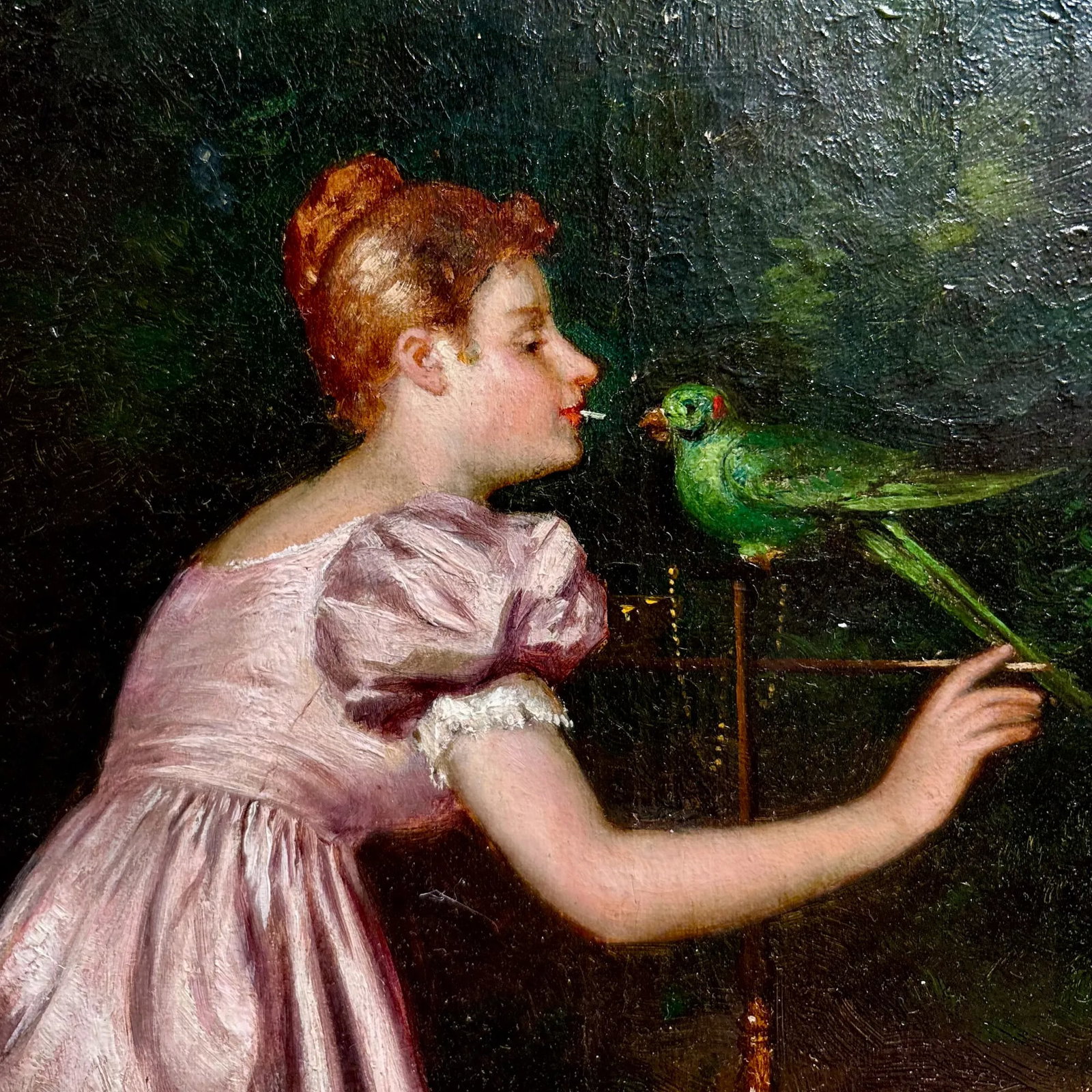 Francesco Beda, Italian. "Lady With Parrot", Oil Canvas 19th C. - 4