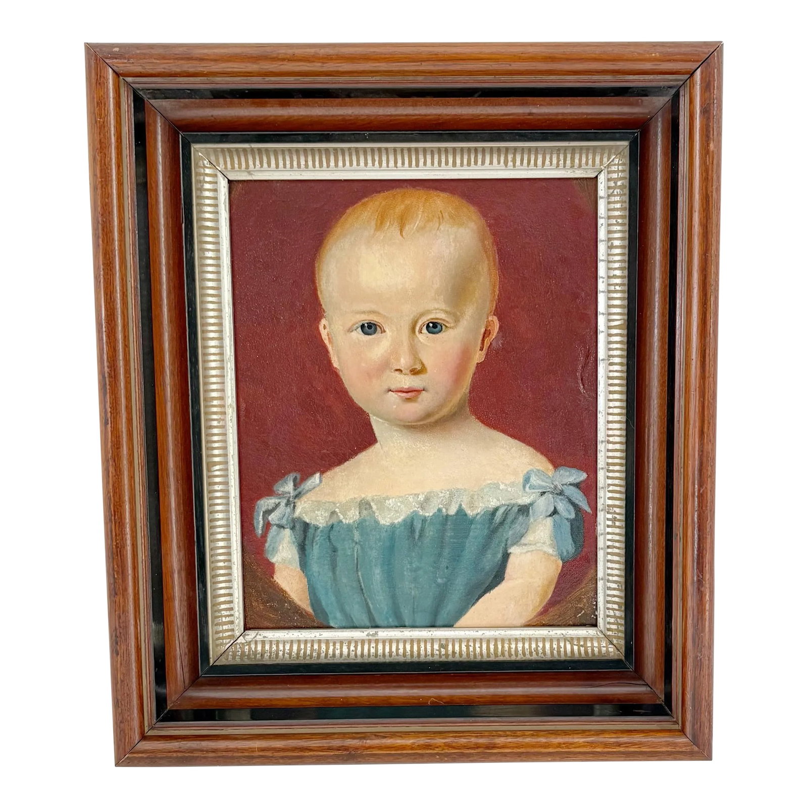 Early 20th Century Folk Art Child Portrait Oil Painting, Antique Oil Painting: This beautiful Eastlake framed antique portrait of a little girl is haunting and captivating all at once. Portrait was created on a rolled canvas and adhered to a piece of particle board. Painting