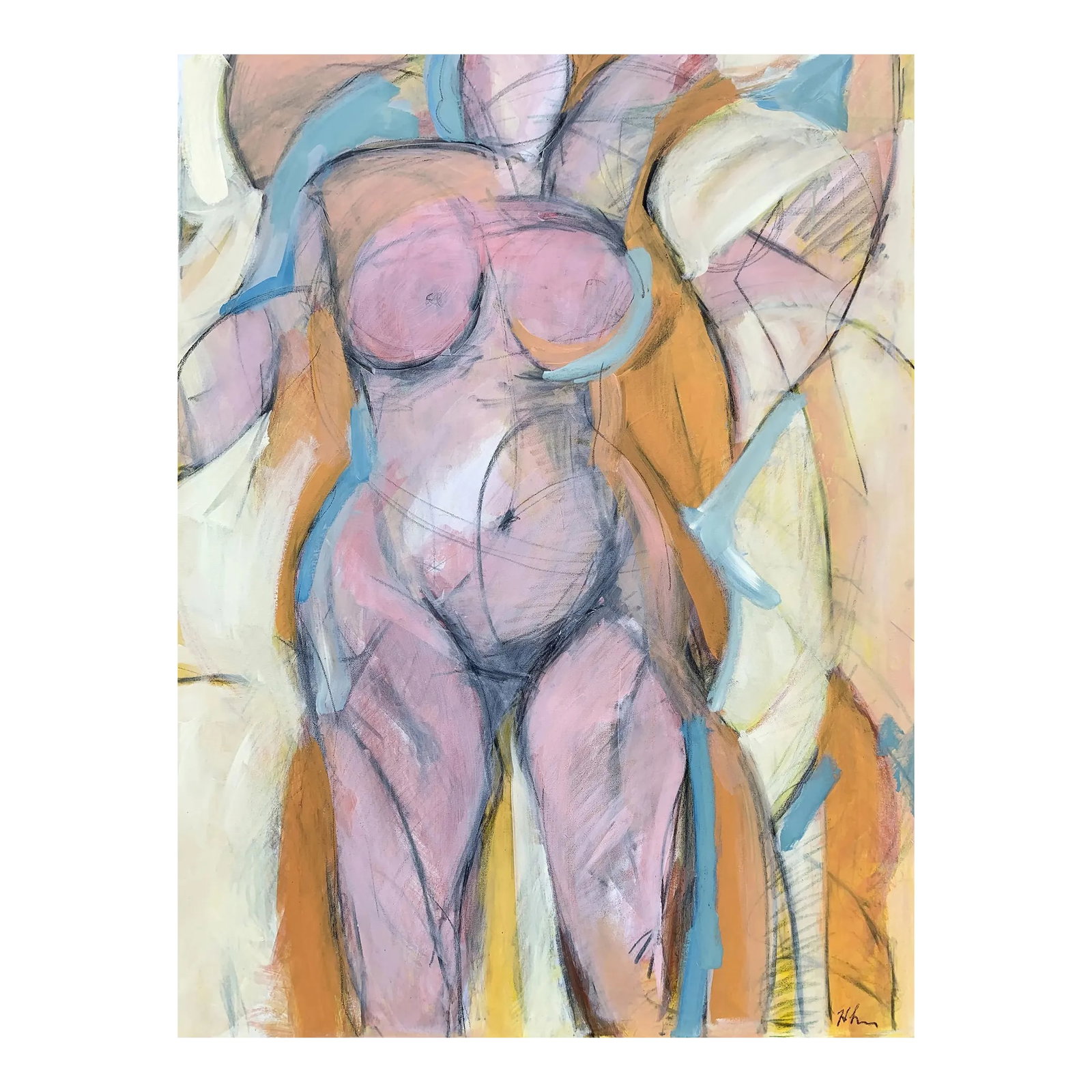 Woman Pastel Pose, 36 X 48 Painting on Canvas: This work is part of a gestural series celebrating movement, women and the female landscape. It creates a metaphor for the space between abstraction and representation, and the dichotomy represented i