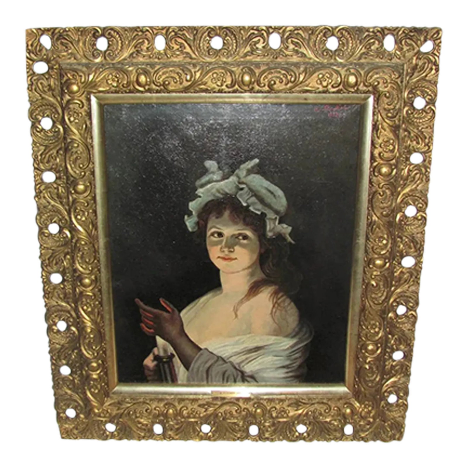 Antique Oil on Canvas Painting Signed A. Flocker Dated 1897: A nice Victorian oil on canvas painting signed A. Flocker and dated 1897. The painting depicts a young woman with a chamber stick. The canvas is 17 1/2" wide by 21 1/2" high. With the frame it is 27"