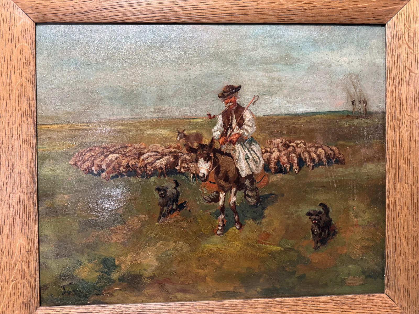 Artist Signed Antique Oil on Board Painting of Shepherd, Sheep & Dog - 2