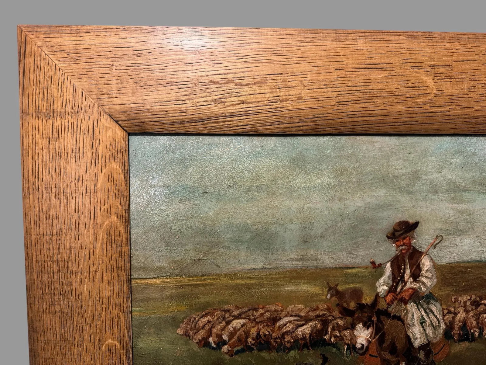Artist Signed Antique Oil on Board Painting of Shepherd, Sheep & Dog - 3