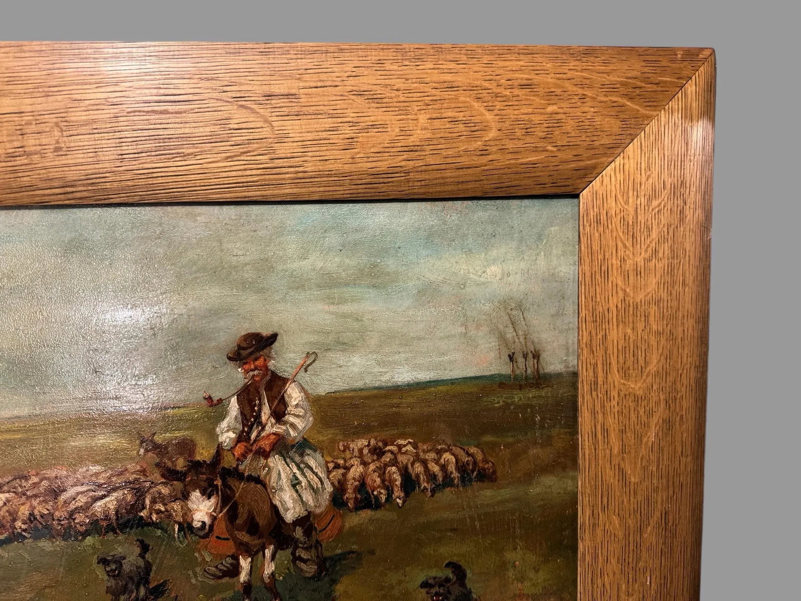 Artist Signed Antique Oil on Board Painting of Shepherd, Sheep & Dog - 4