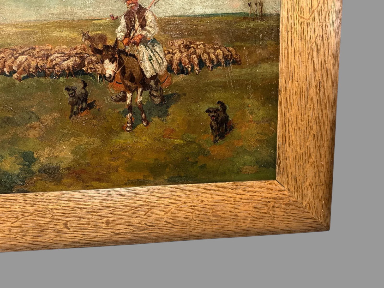 Artist Signed Antique Oil on Board Painting of Shepherd, Sheep & Dog - 7