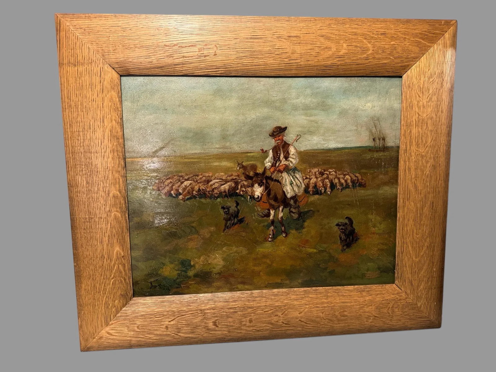 Artist Signed Antique Oil on Board Painting of Shepherd, Sheep & Dog - 9