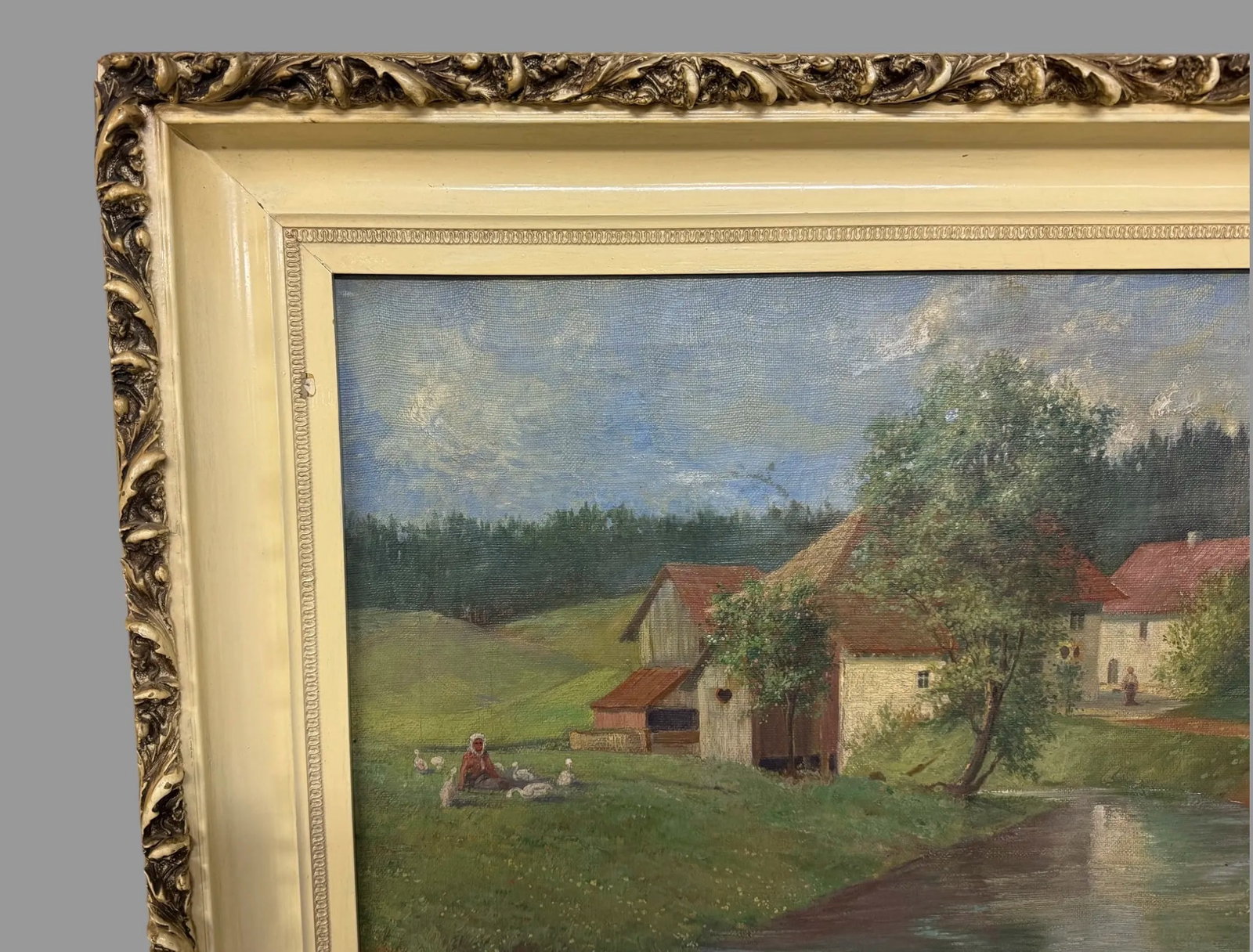 Antique Oil on Canvas Landscape Painting of a Farm Scene W Ducks Signed Paul Becht 1902 - 2