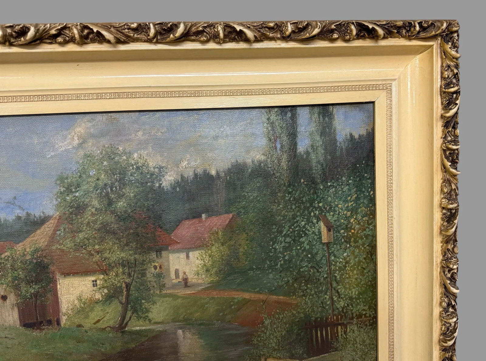 Antique Oil on Canvas Landscape Painting of a Farm Scene W Ducks Signed Paul Becht 1902 - 3