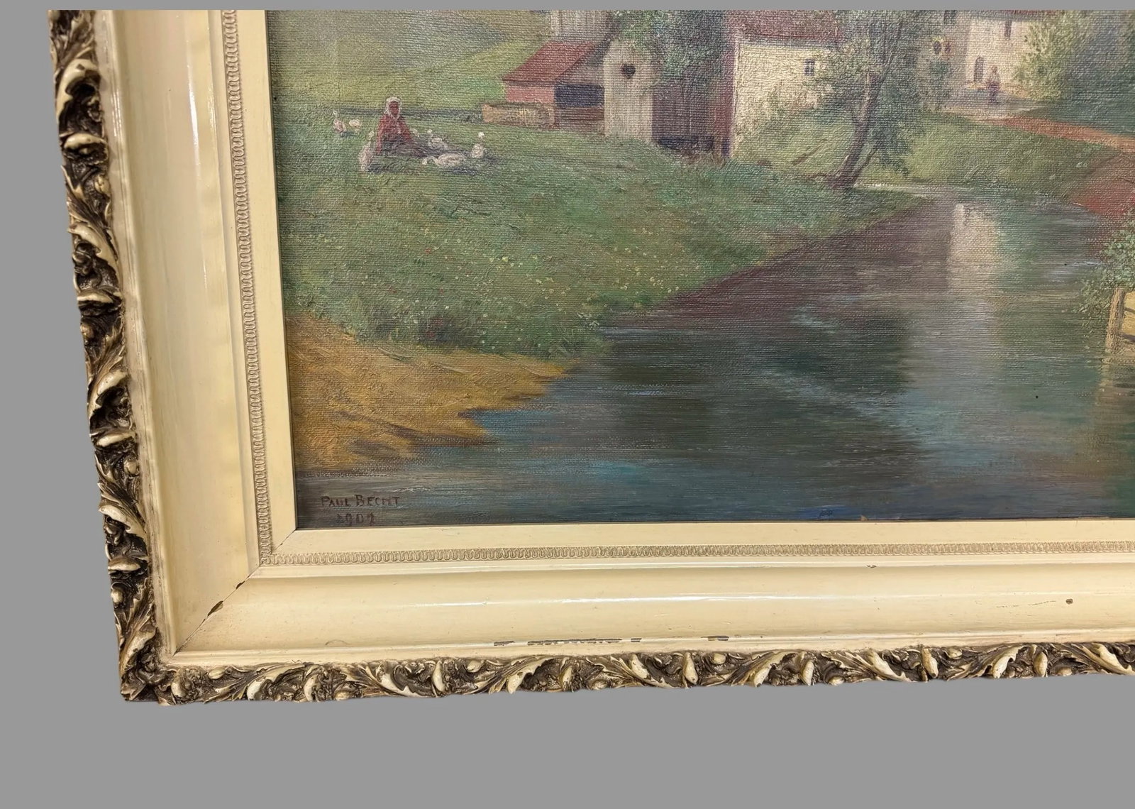 Antique Oil on Canvas Landscape Painting of a Farm Scene W Ducks Signed Paul Becht 1902 - 4