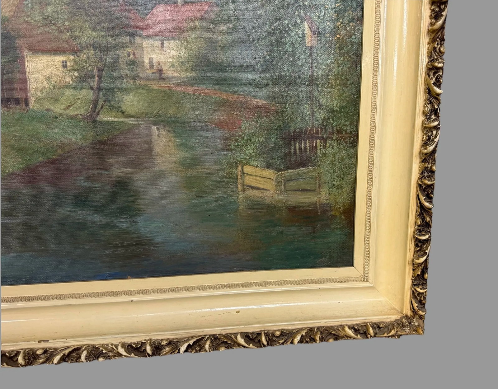 Antique Oil on Canvas Landscape Painting of a Farm Scene W Ducks Signed Paul Becht 1902 - 5