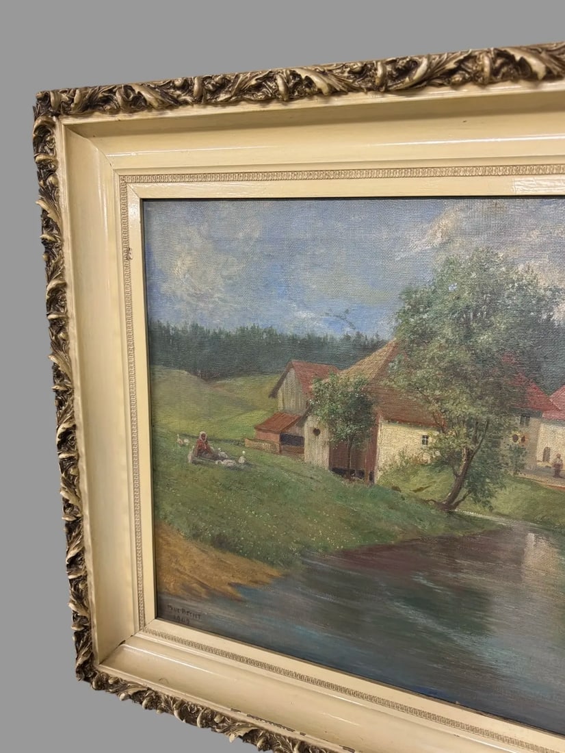Antique Oil on Canvas Landscape Painting of a Farm Scene W Ducks Signed Paul Becht 1902 - 7