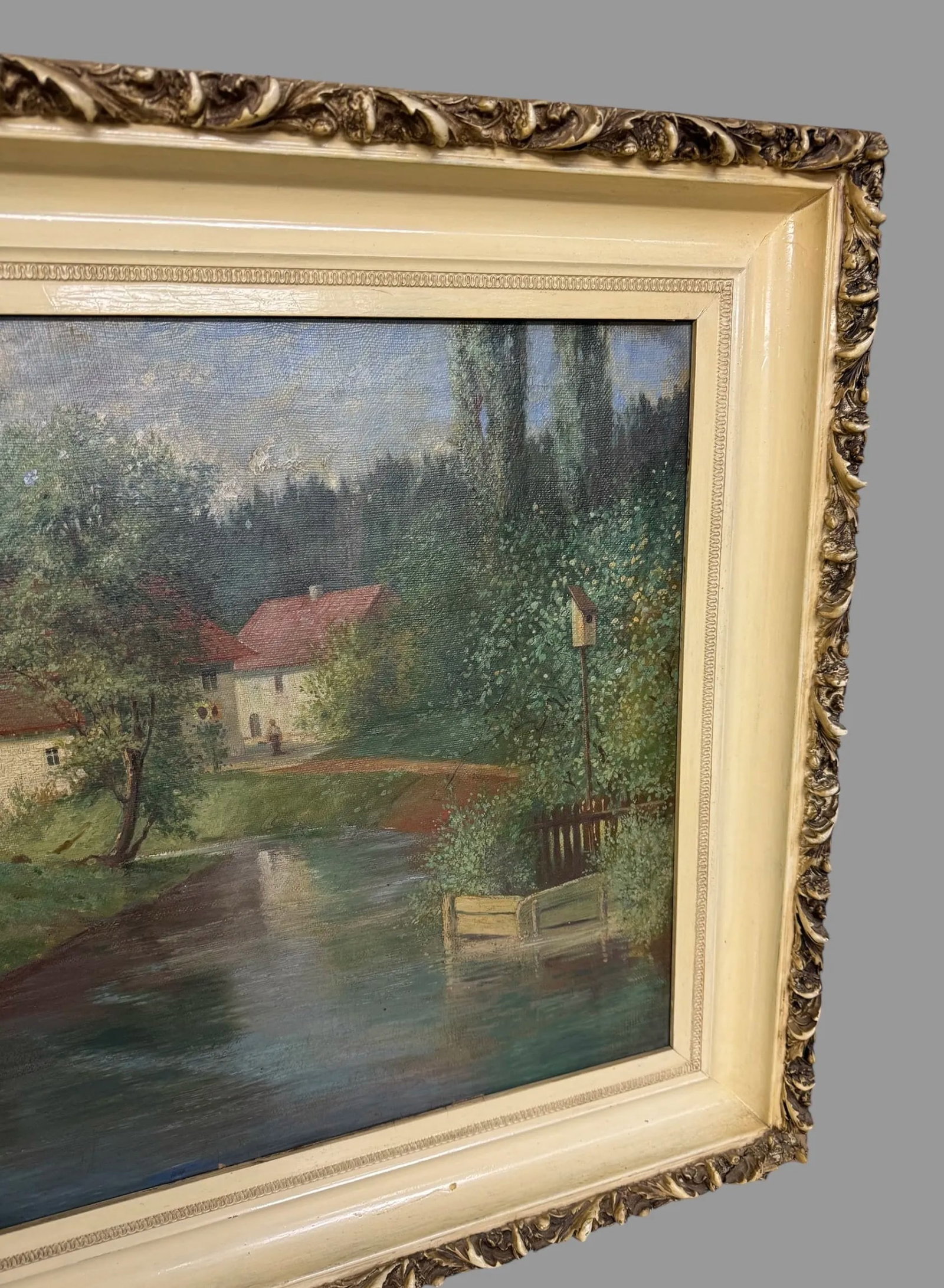 Antique Oil on Canvas Landscape Painting of a Farm Scene W Ducks Signed Paul Becht 1902 - 8
