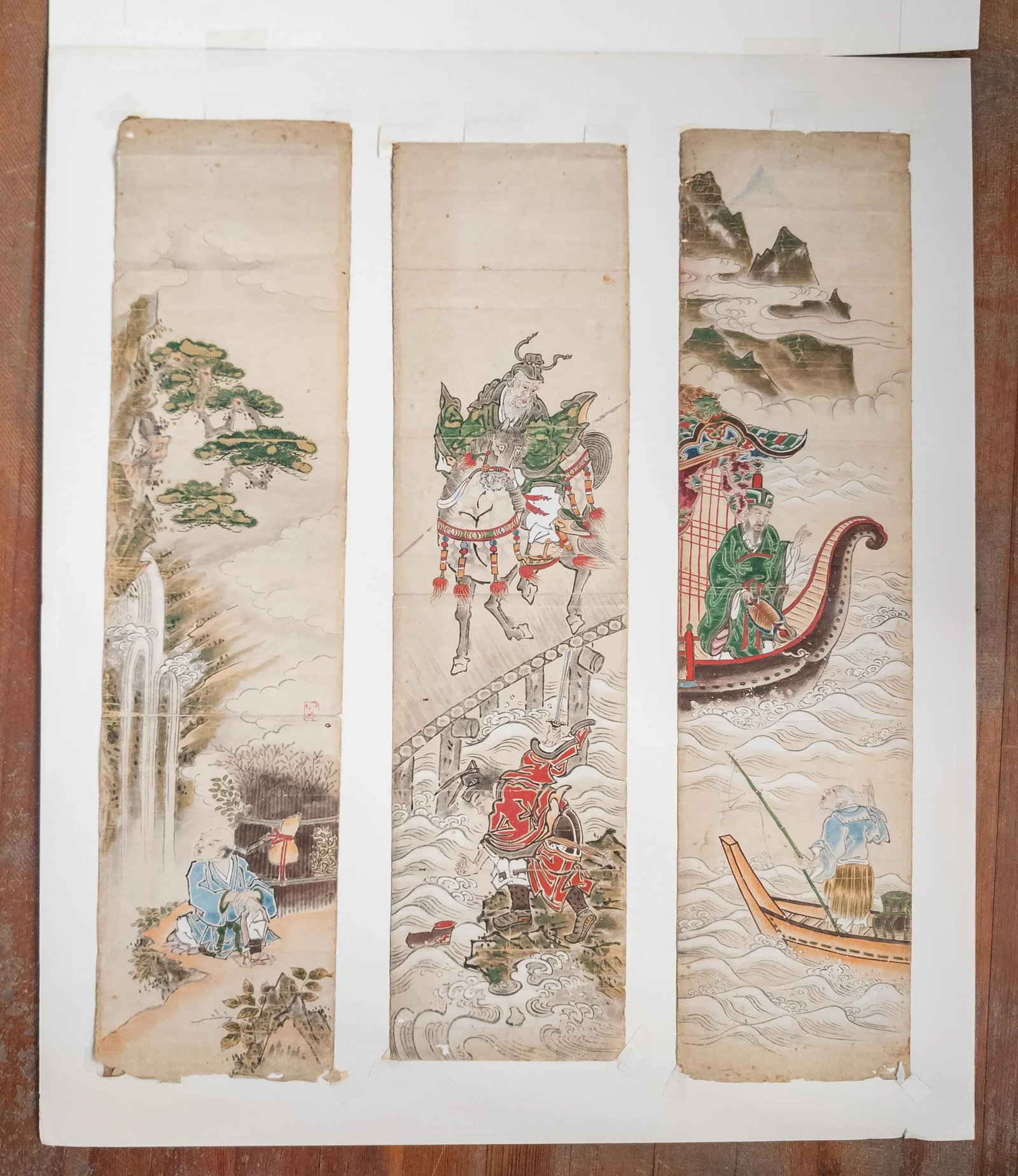 19th Century Japanese Watercolor Triptych Scroll Painting, Signed - 6