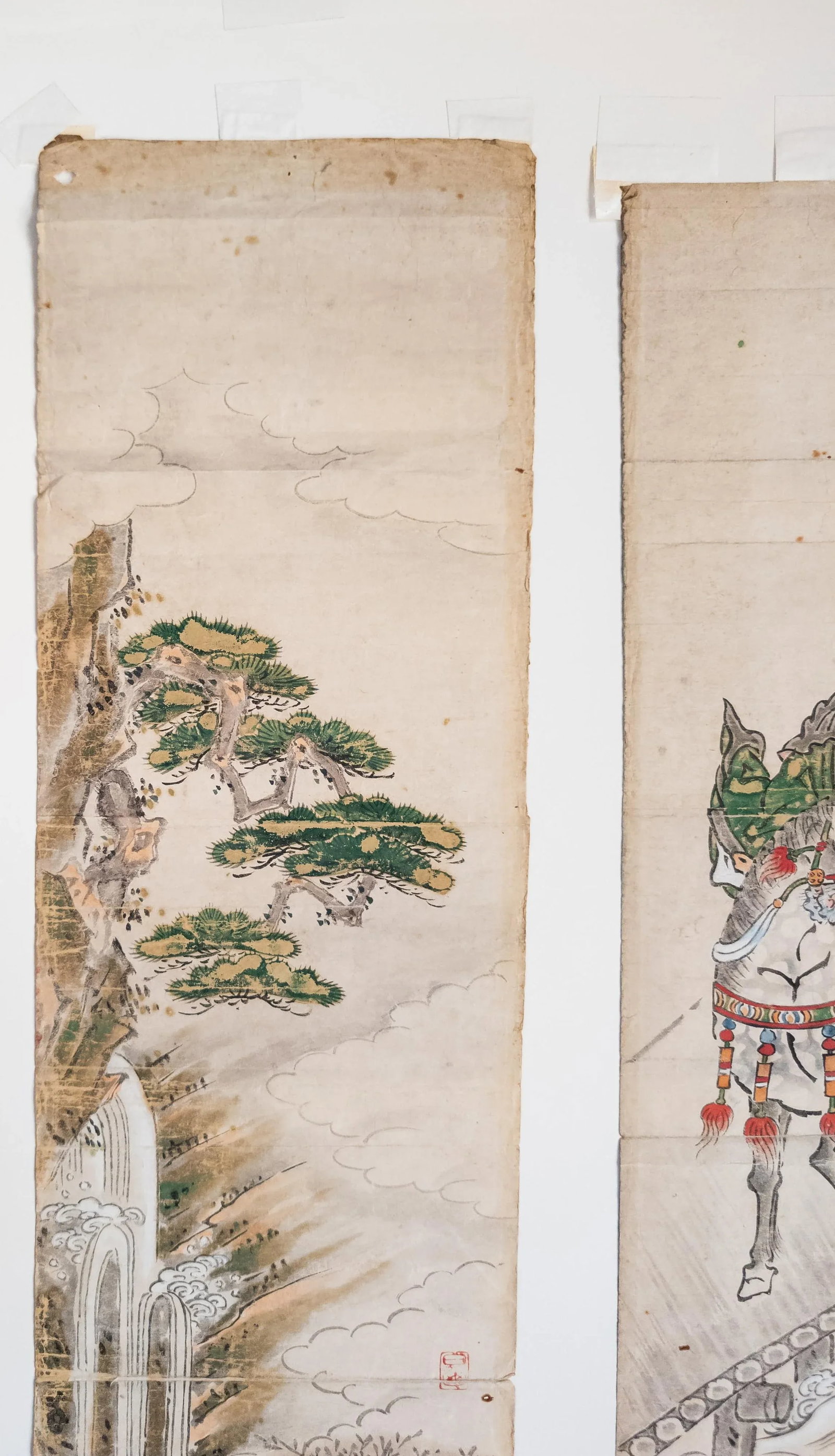 19th Century Japanese Watercolor Triptych Scroll Painting, Signed - 7