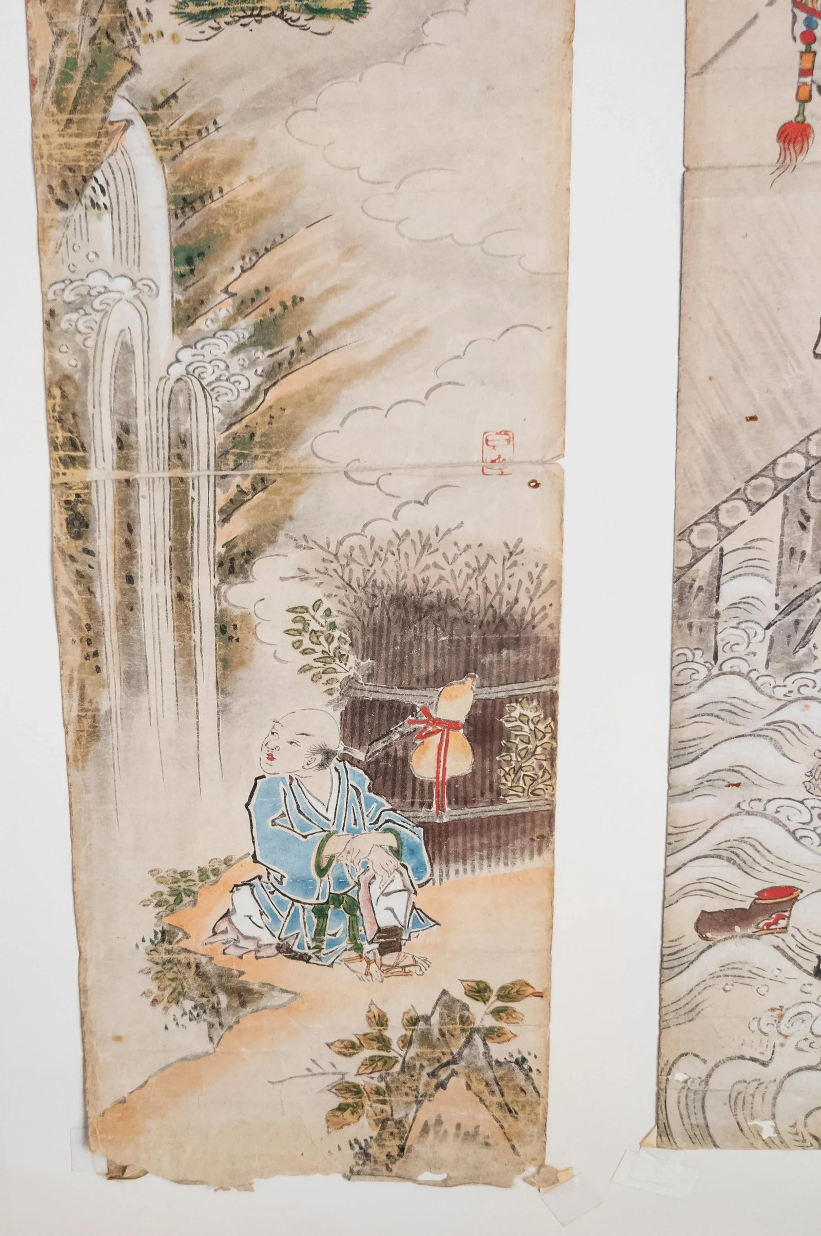 19th Century Japanese Watercolor Triptych Scroll Painting, Signed - 8