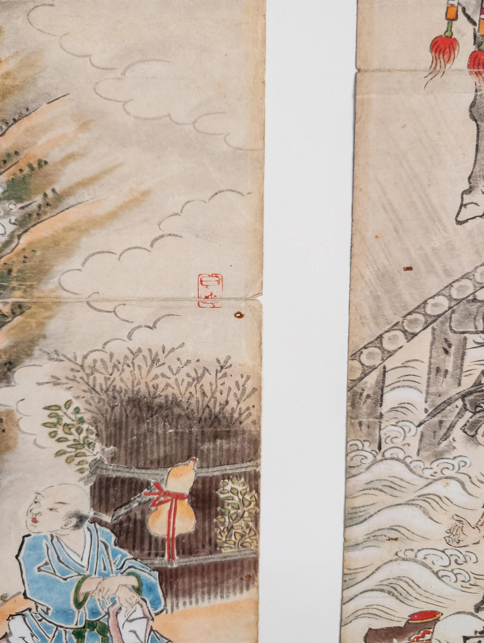 19th Century Japanese Watercolor Triptych Scroll Painting, Signed - 9