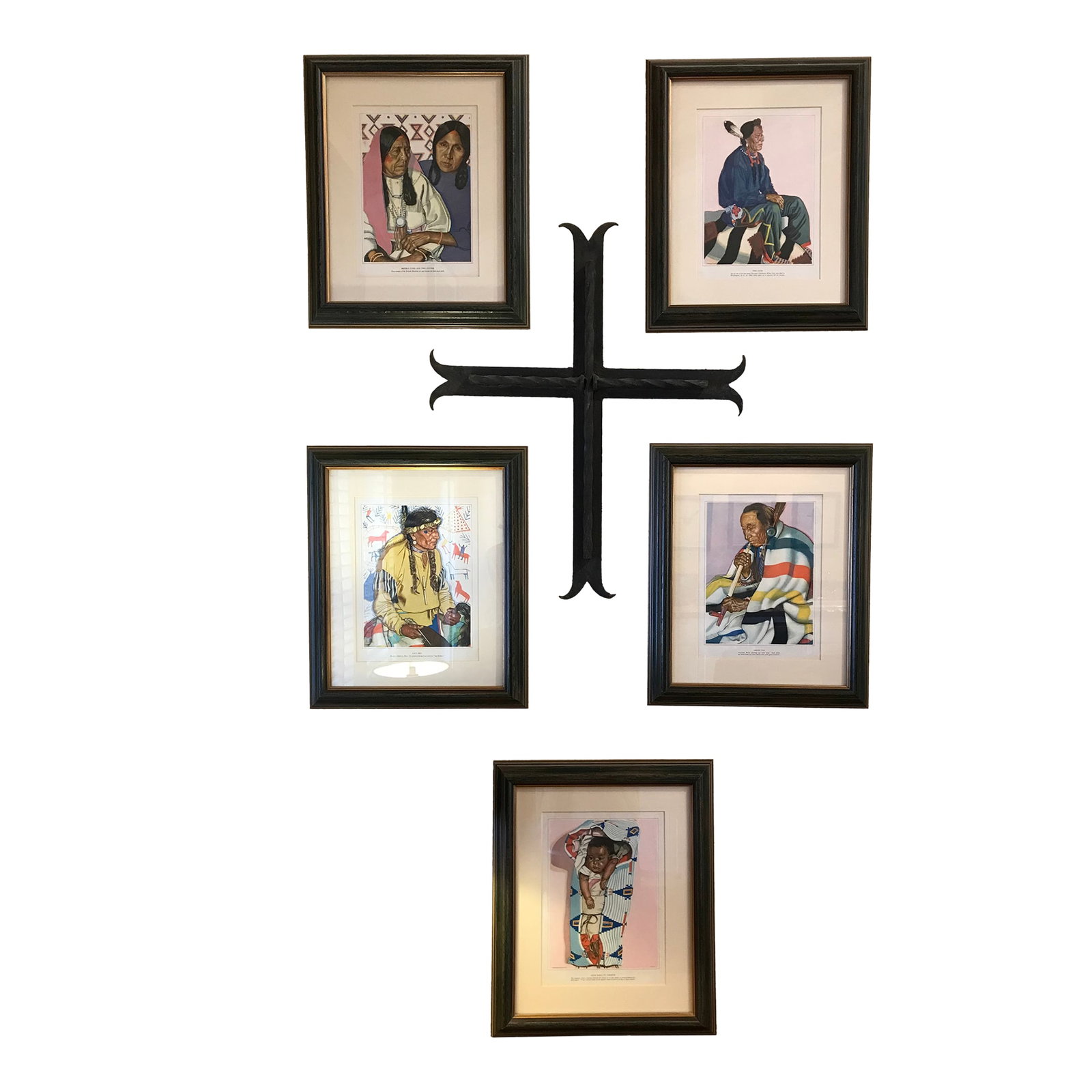 1940s Set of Five Harvey House Native American Prints, Framed: Gorgeous set of Native American prints. Harvey House series. Beautifully framed in classic grey wash with gold highlights. 15" wide, 18" high and 1.5" deep Condition: Alterations: Original Condition