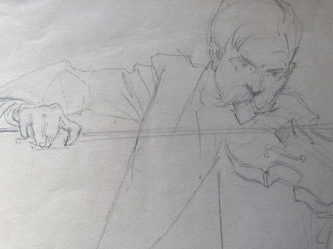 The Violinist, Antique Ellsworth Woodward Figurative Graphite Sketch Drawing - 2