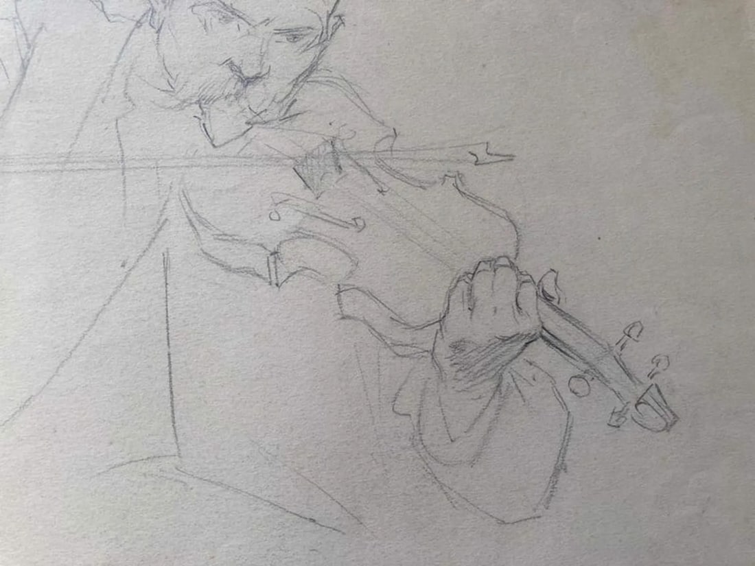 The Violinist, Antique Ellsworth Woodward Figurative Graphite Sketch Drawing - 3