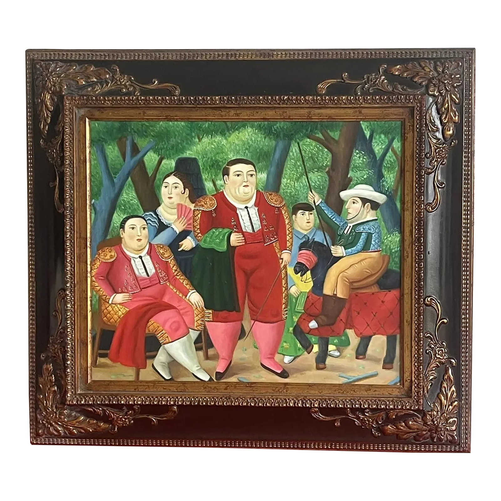 After Fernando Botero "Lefty & Gang" Ornately Framed Iconic Canvas Reproduction: PALM BEACH ESTATE TREASURE!! After Fernando Botero (Colombian, b. 1932), entitled "Lefty and His Gang", reproduction on canvas, unsigned. Measures 34" wide x 30" high overall framed. The canvas