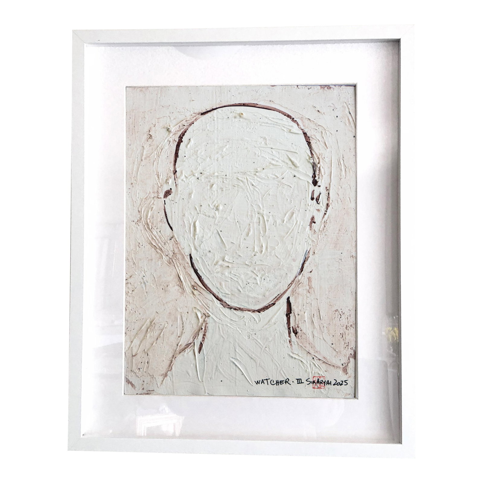 Wacher. III Surreal White Framed Abstract Portrait Painting: A contemporary female portrait. capturing a moment of vulnerability and confidence. The painting is 12 X 16" heavyweight canvas that comes custom framed in a 17X21X1.2" white shadow box. Signed,