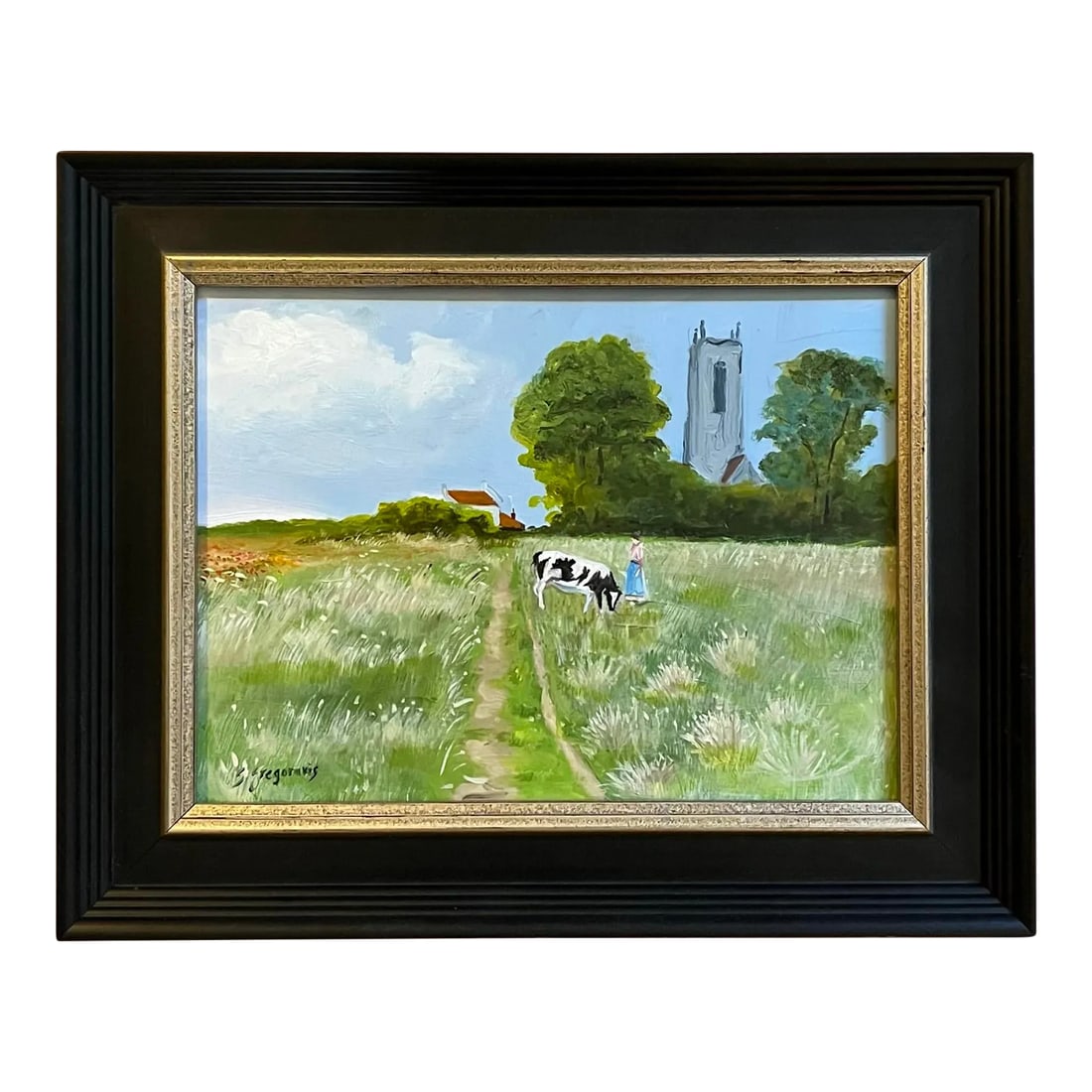 English Landscape by Satori Gregorakis: Oil painting on board of an English landscape with belfry, farmhouse and poppy fields in the distance and a woman tending a cow in a pasture in the the foreground by Satori Gregorakis. Signed in the