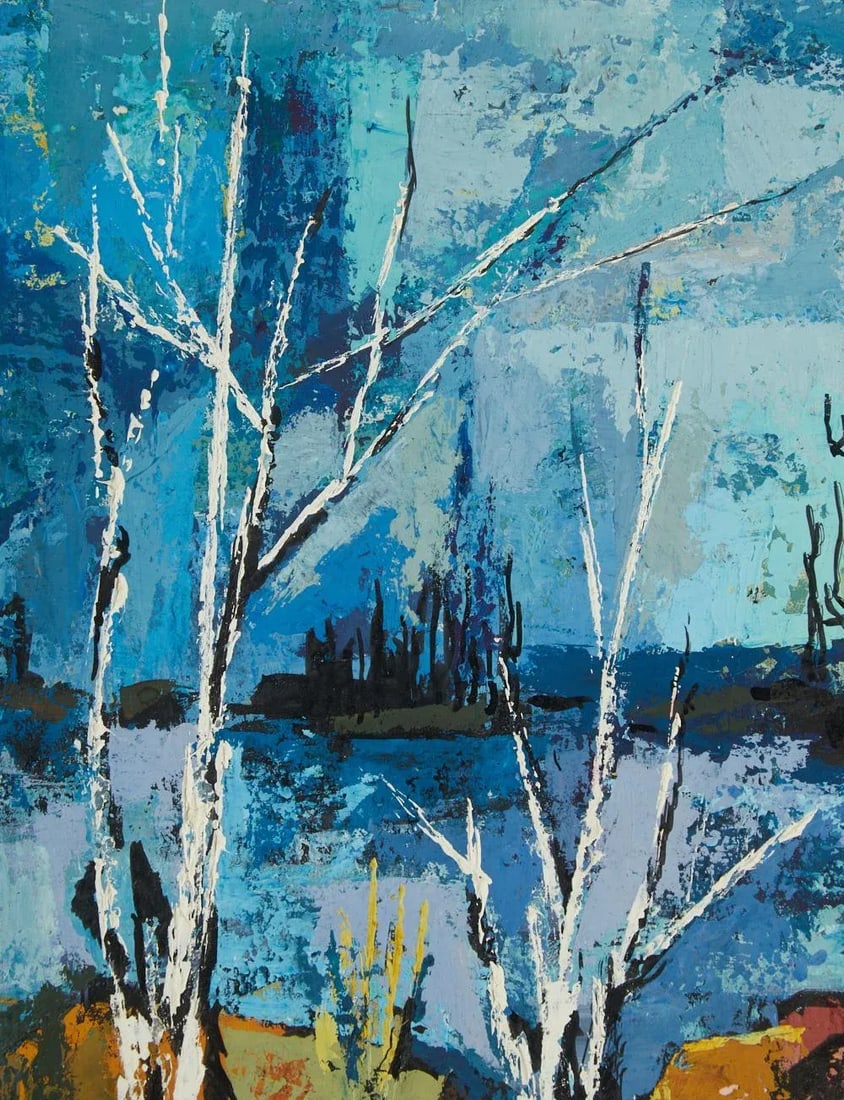 MCM Abstract Landscape Acrylic Painting on Mat Board Cubism - 3