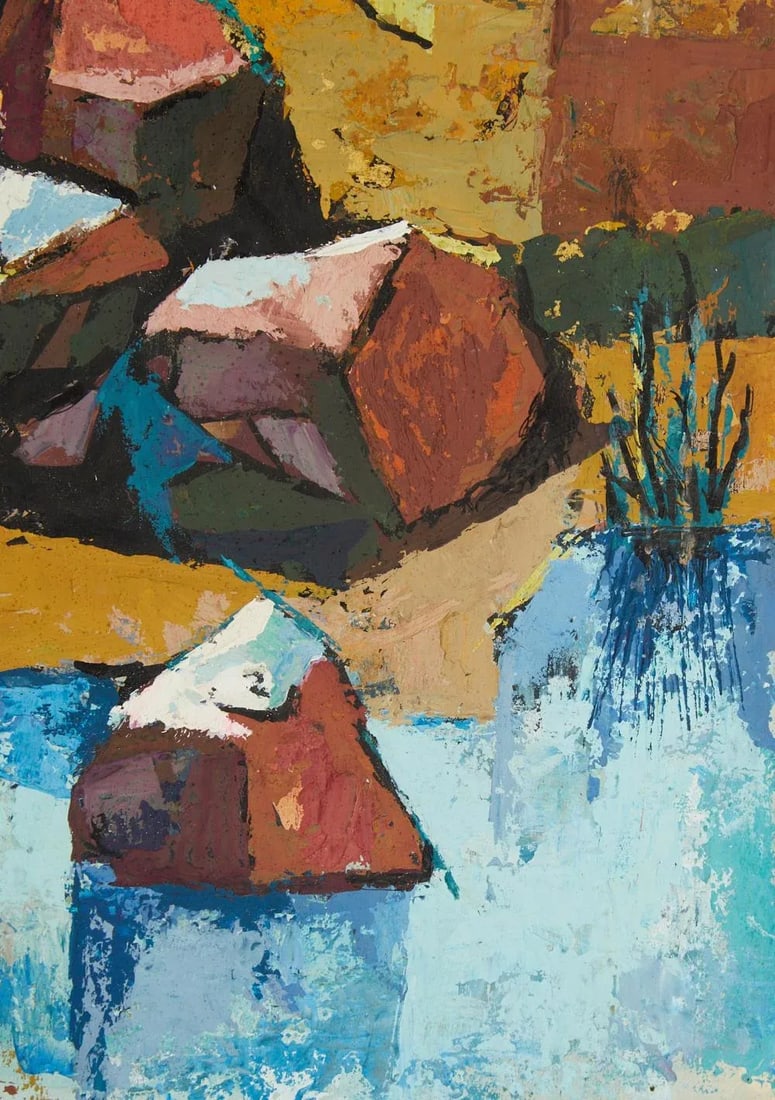 MCM Abstract Landscape Acrylic Painting on Mat Board Cubism - 4