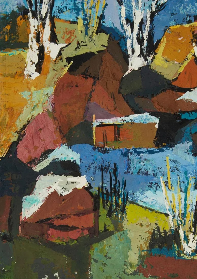 MCM Abstract Landscape Acrylic Painting on Mat Board Cubism - 5