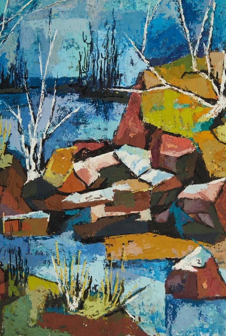 MCM Abstract Landscape Acrylic Painting on Mat Board Cubism - 6