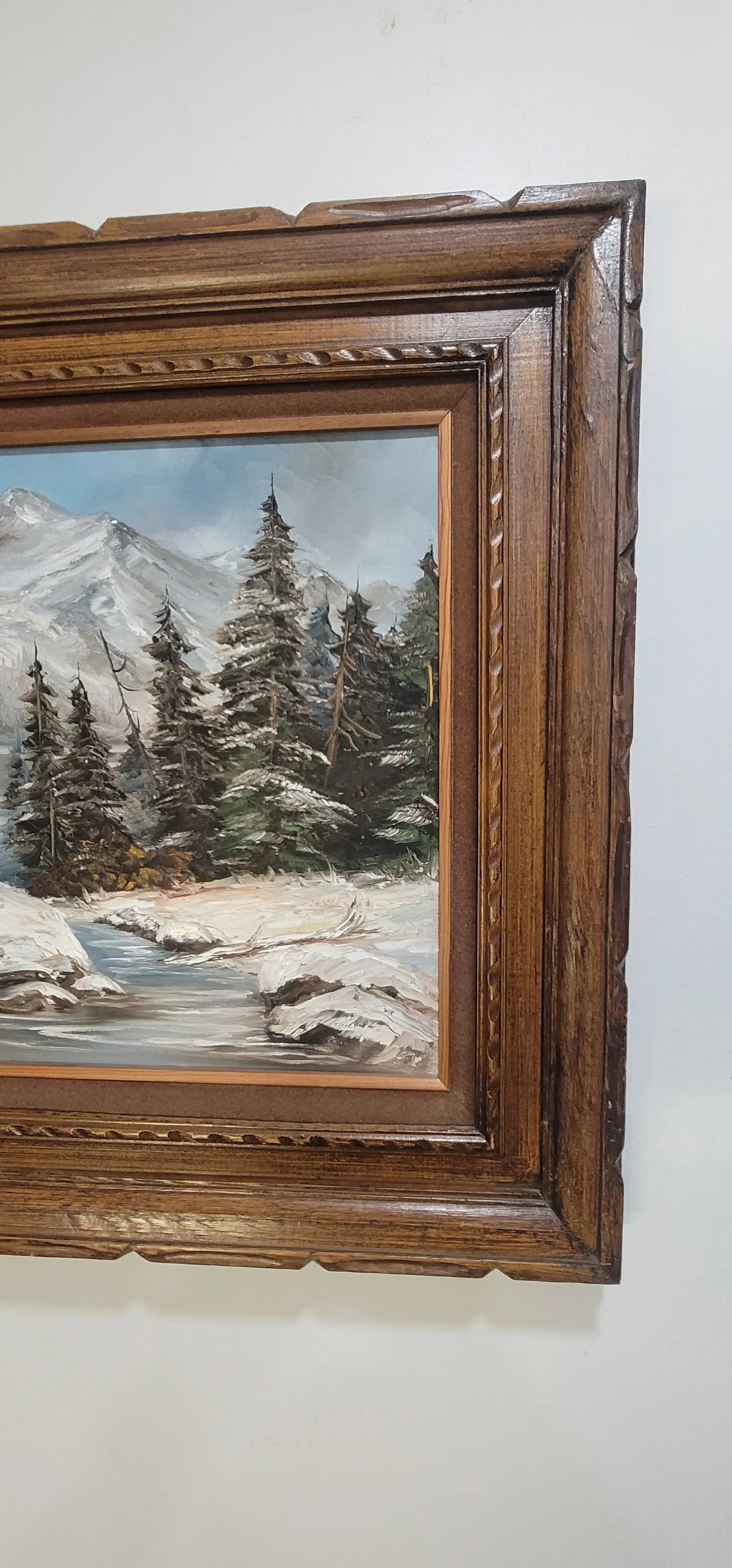 1980s Forest & Snow Capped Mountain, Vintage Oil Painting Melville 28" - 10