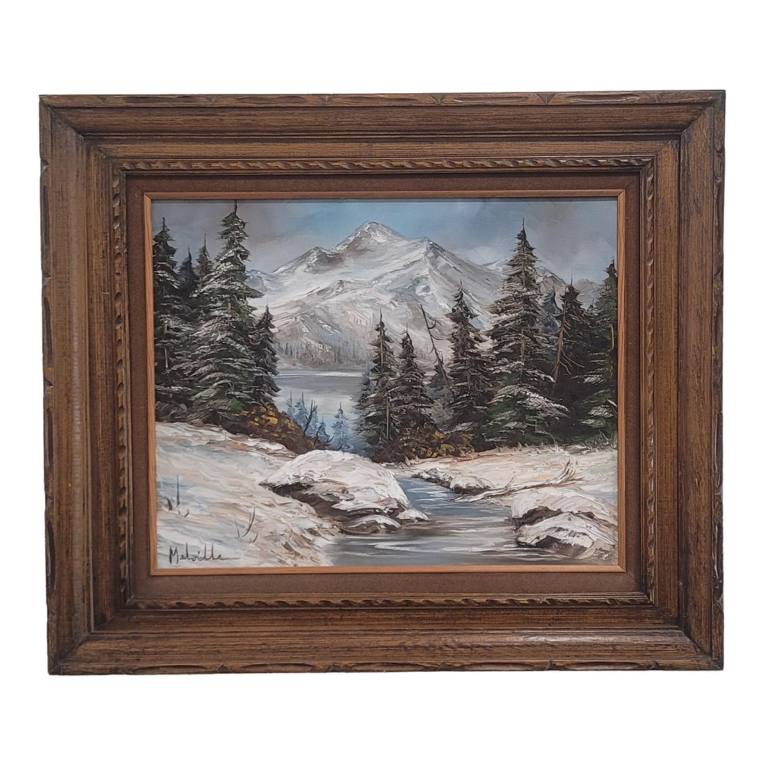 1980s Forest & Snow Capped Mountain, Vintage Oil Painting Melville 28": The product is a medium-sized framed oil painting on canvas depicting Forest & Snow Capped Mountains by Melville. It features a realistic depiction of a forest with a snow-capped mountain in the