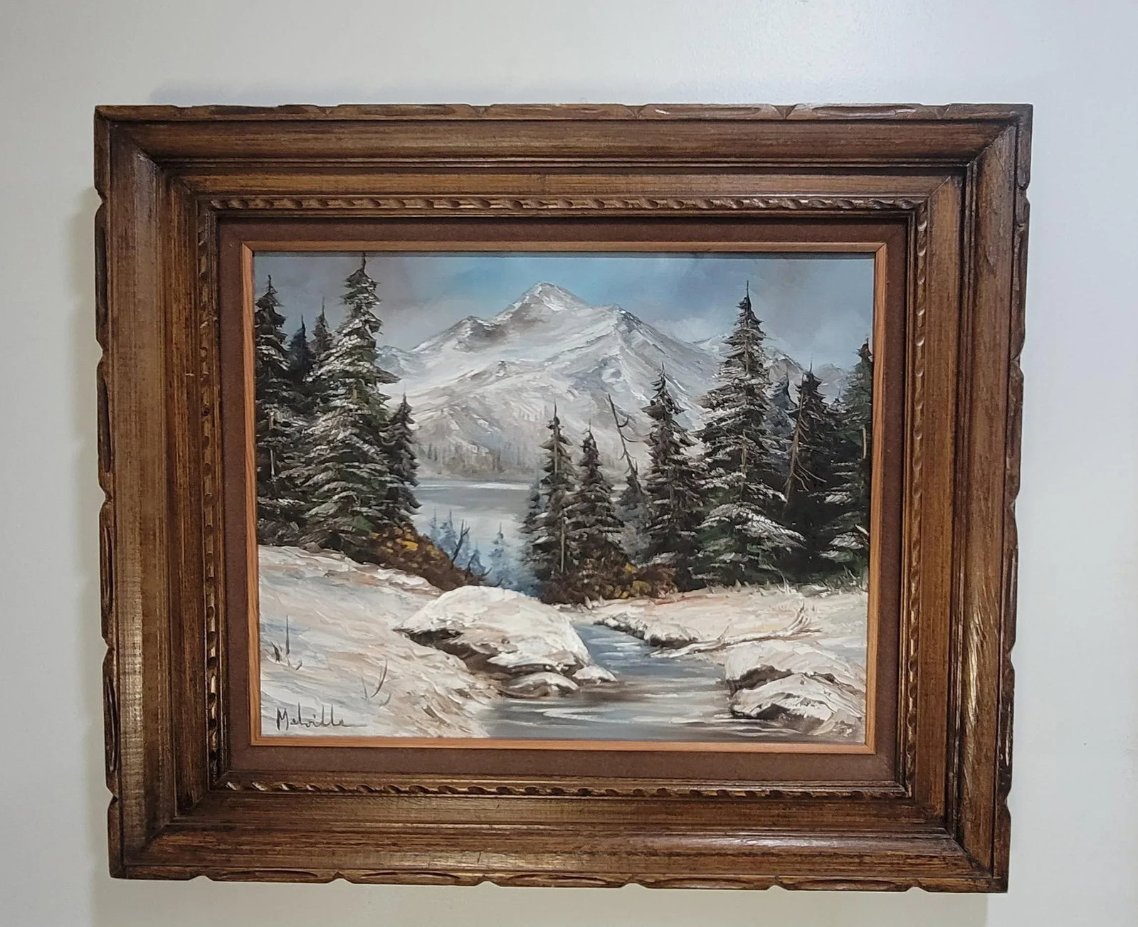 1980s Forest & Snow Capped Mountain, Vintage Oil Painting Melville 28" - 2