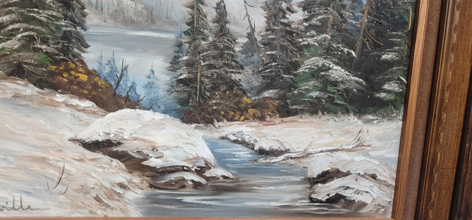 1980s Forest & Snow Capped Mountain, Vintage Oil Painting Melville 28" - 3
