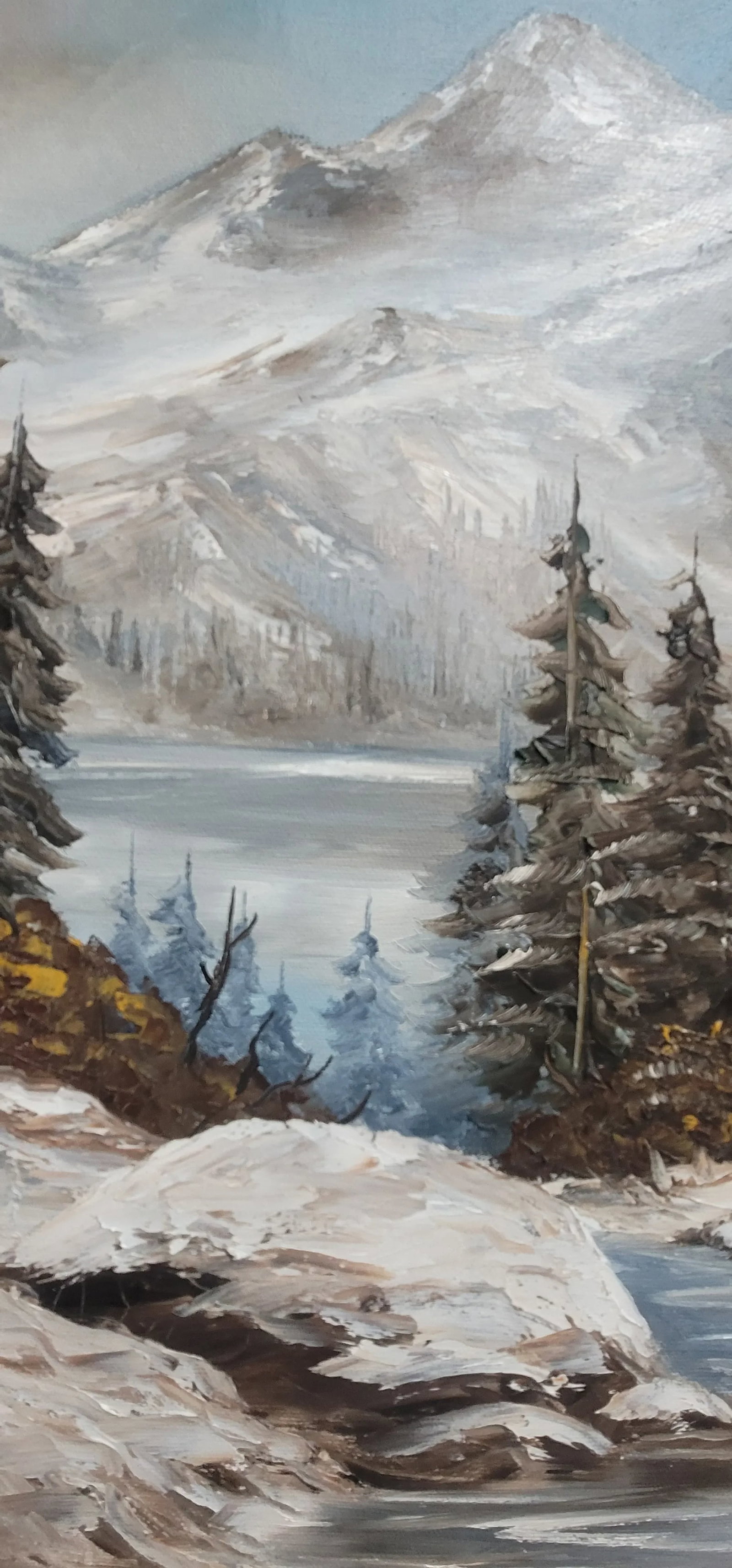 1980s Forest & Snow Capped Mountain, Vintage Oil Painting Melville 28" - 4