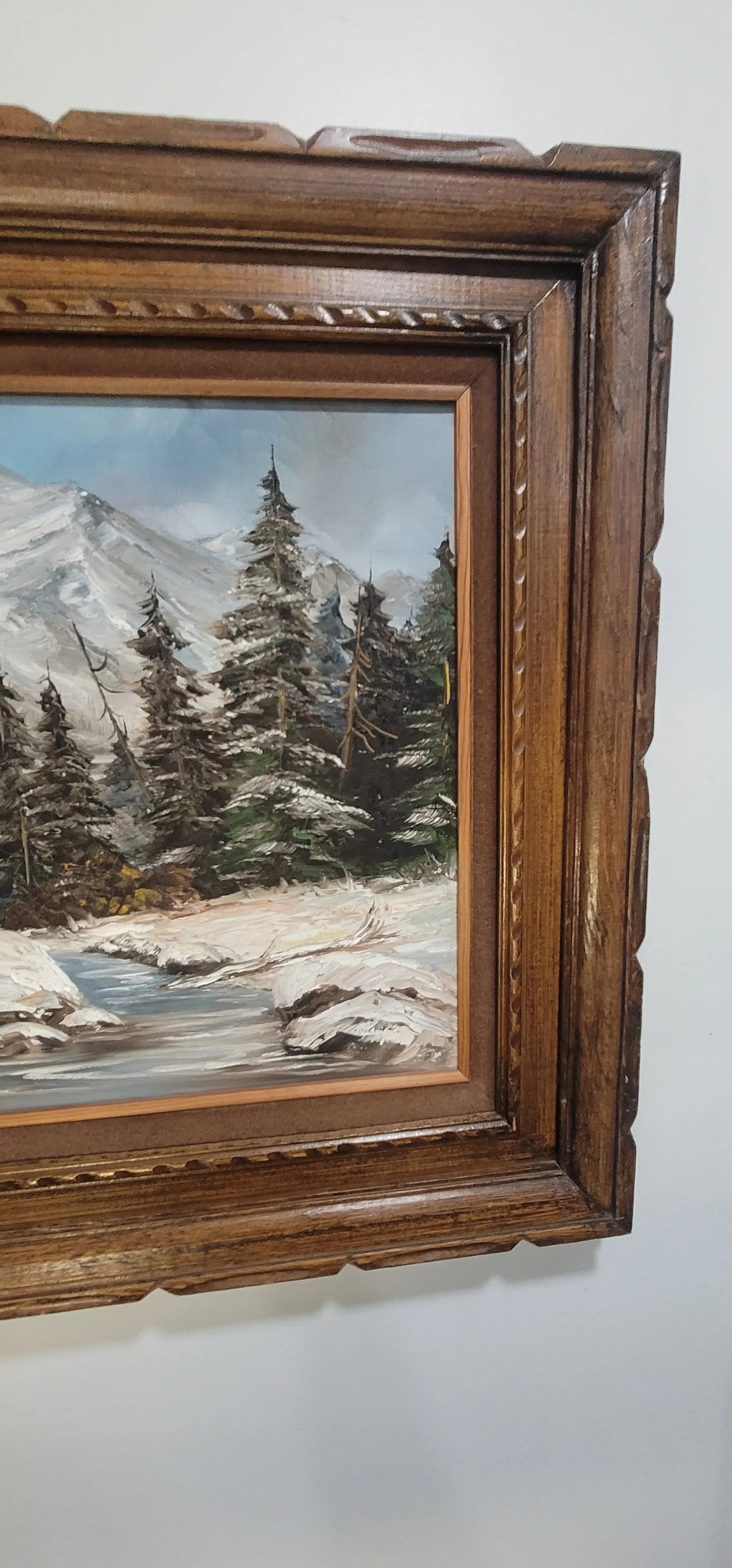 1980s Forest & Snow Capped Mountain, Vintage Oil Painting Melville 28" - 5