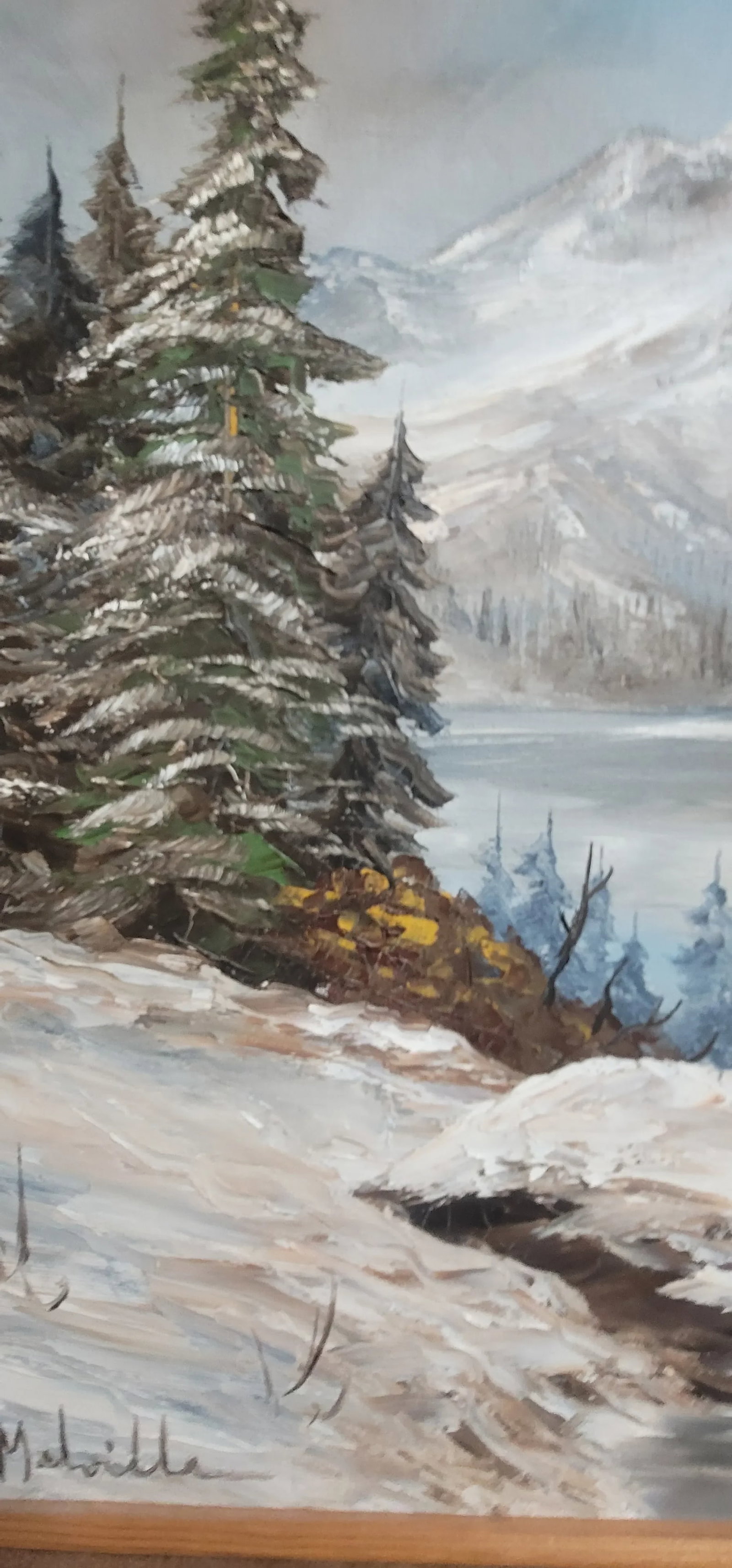 1980s Forest & Snow Capped Mountain, Vintage Oil Painting Melville 28" - 6