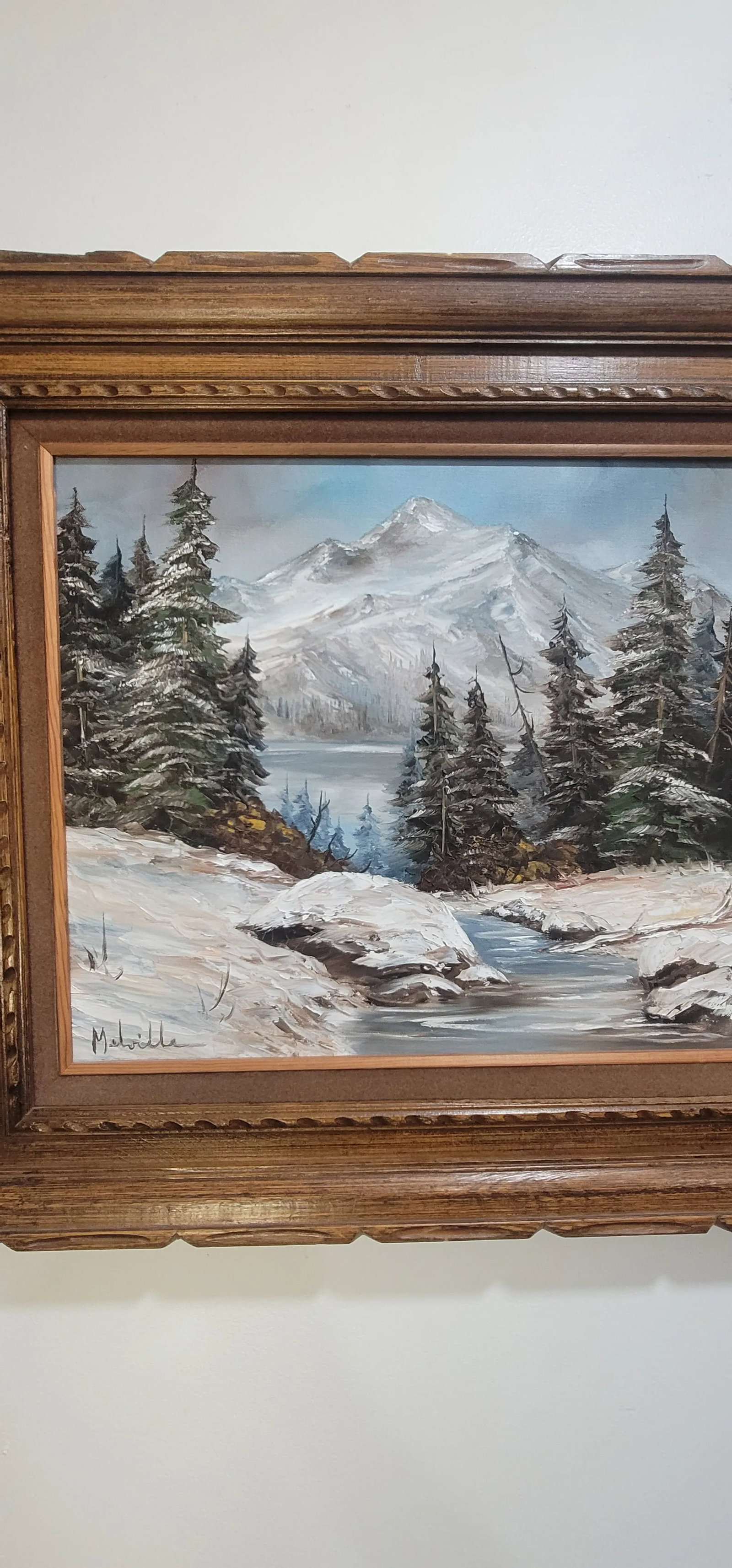 1980s Forest & Snow Capped Mountain, Vintage Oil Painting Melville 28" - 9