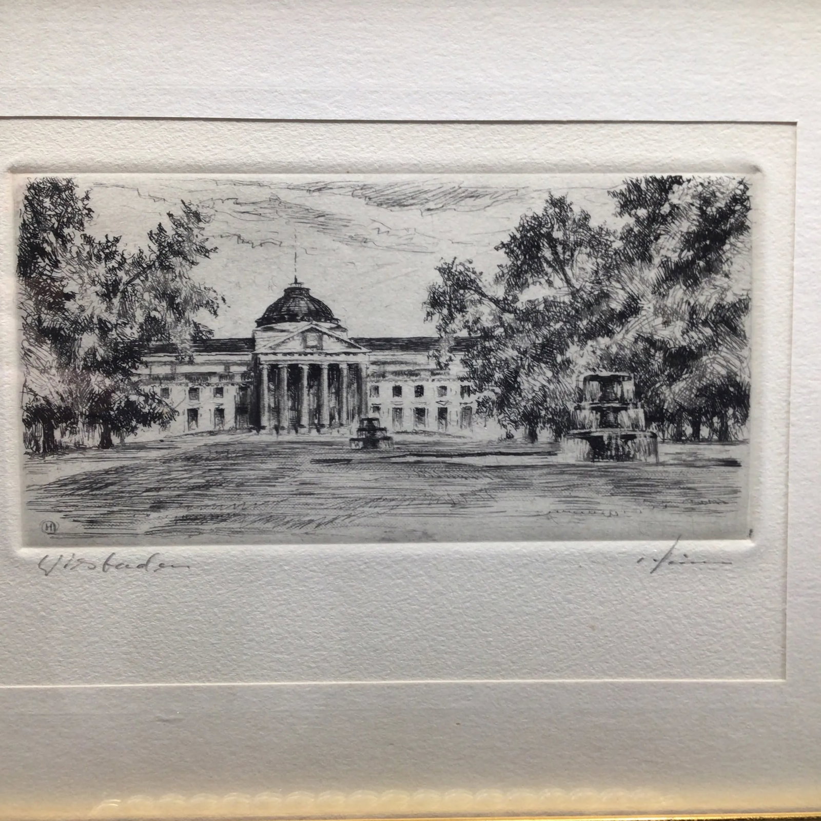 Vintage Pencil Signed Framed Etching of Wiesbaden Kurhaus - 12