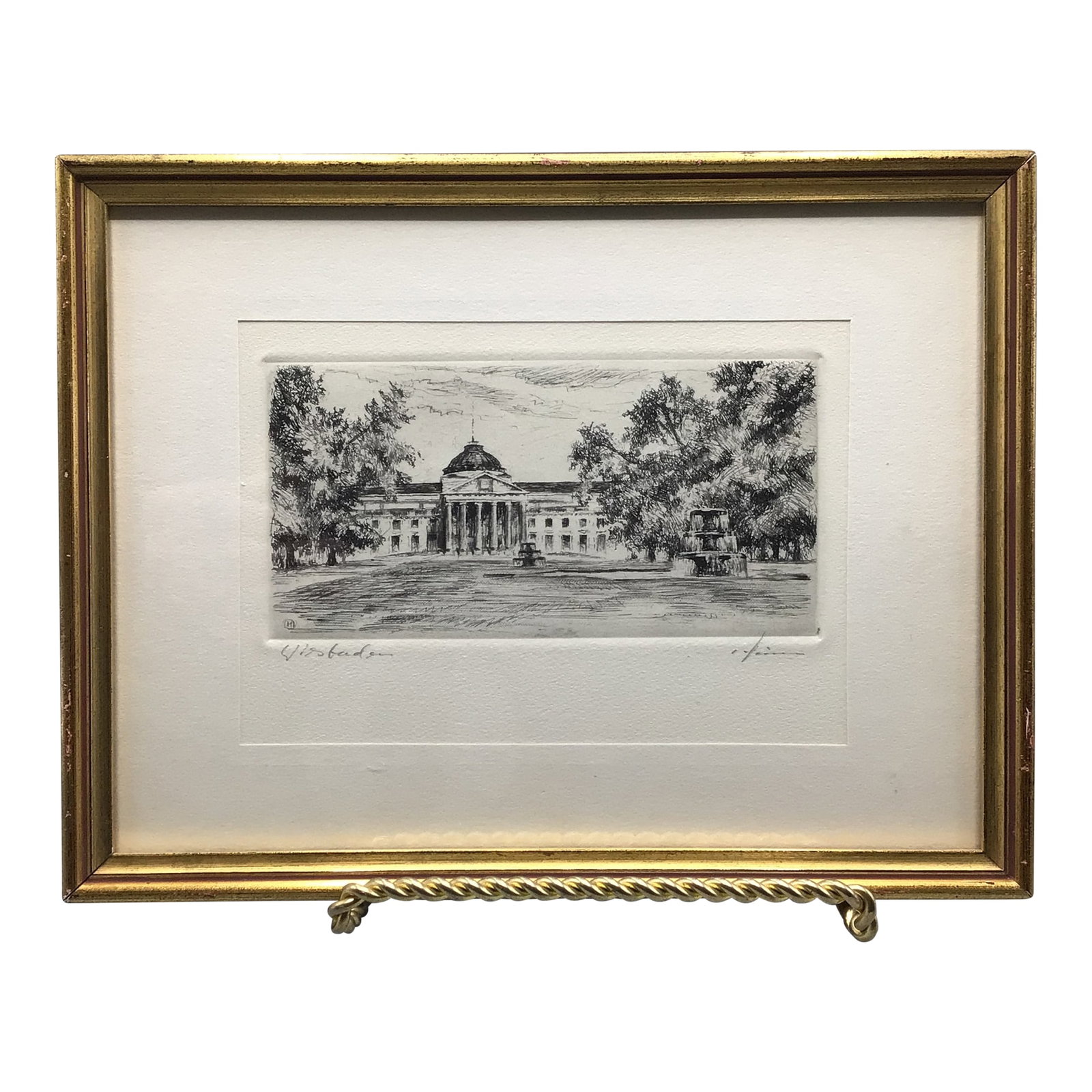 Vintage Pencil Signed Framed Etching of Wiesbaden Kurhaus: This is a wonderful etching by an artist I could not find but step back in time to the elegant and enchanting Kurhaus of Wiesbaden, Germany, as depicted in this etching. This iconic spa house,