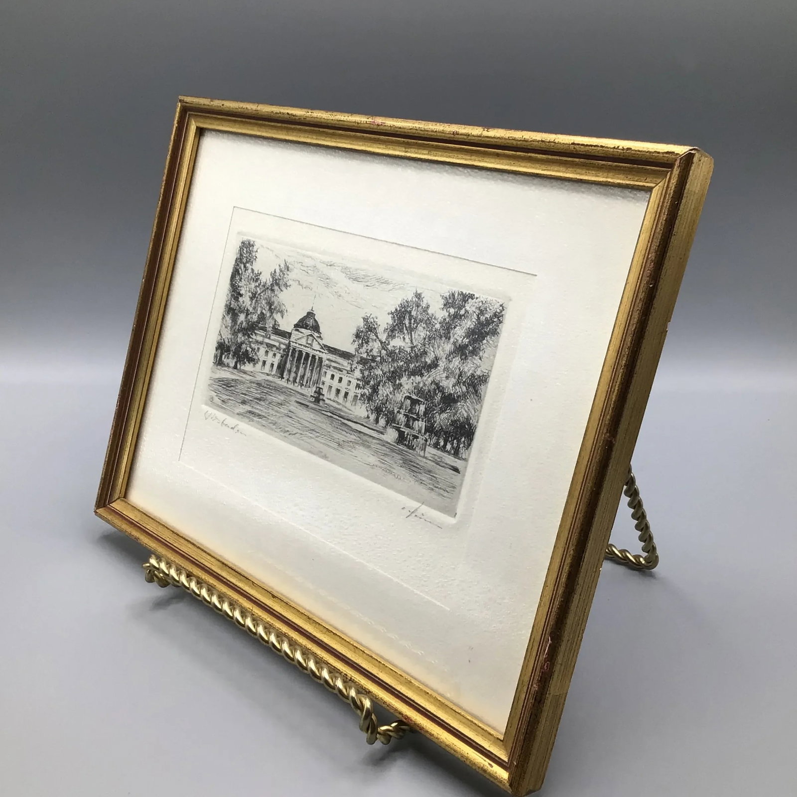 Vintage Pencil Signed Framed Etching of Wiesbaden Kurhaus - 2