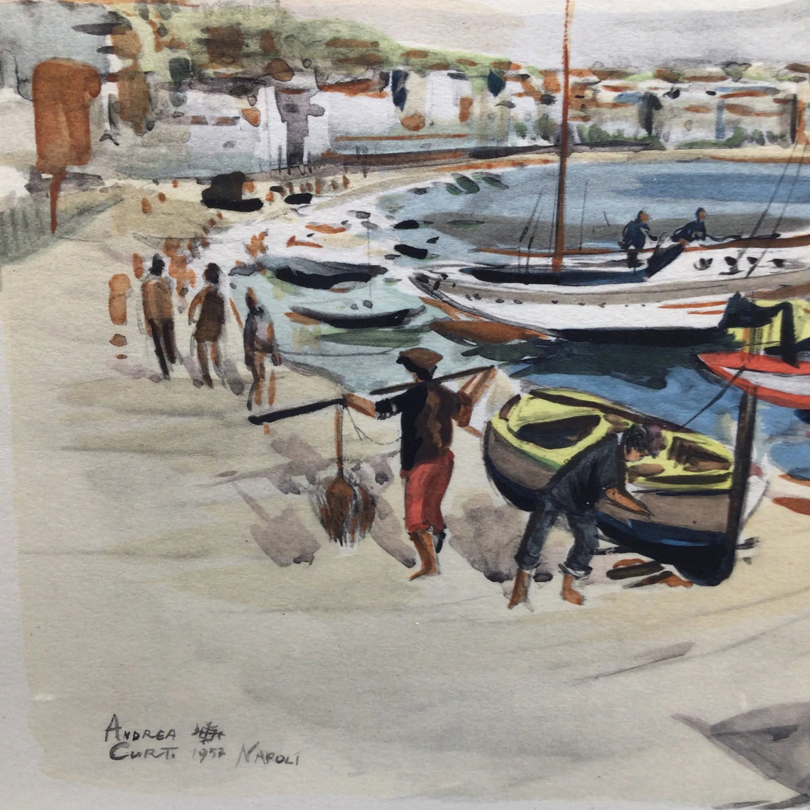 1952 Andrea Curti Framed Napoli Signed Watercolor Fishing Village Scene - 10