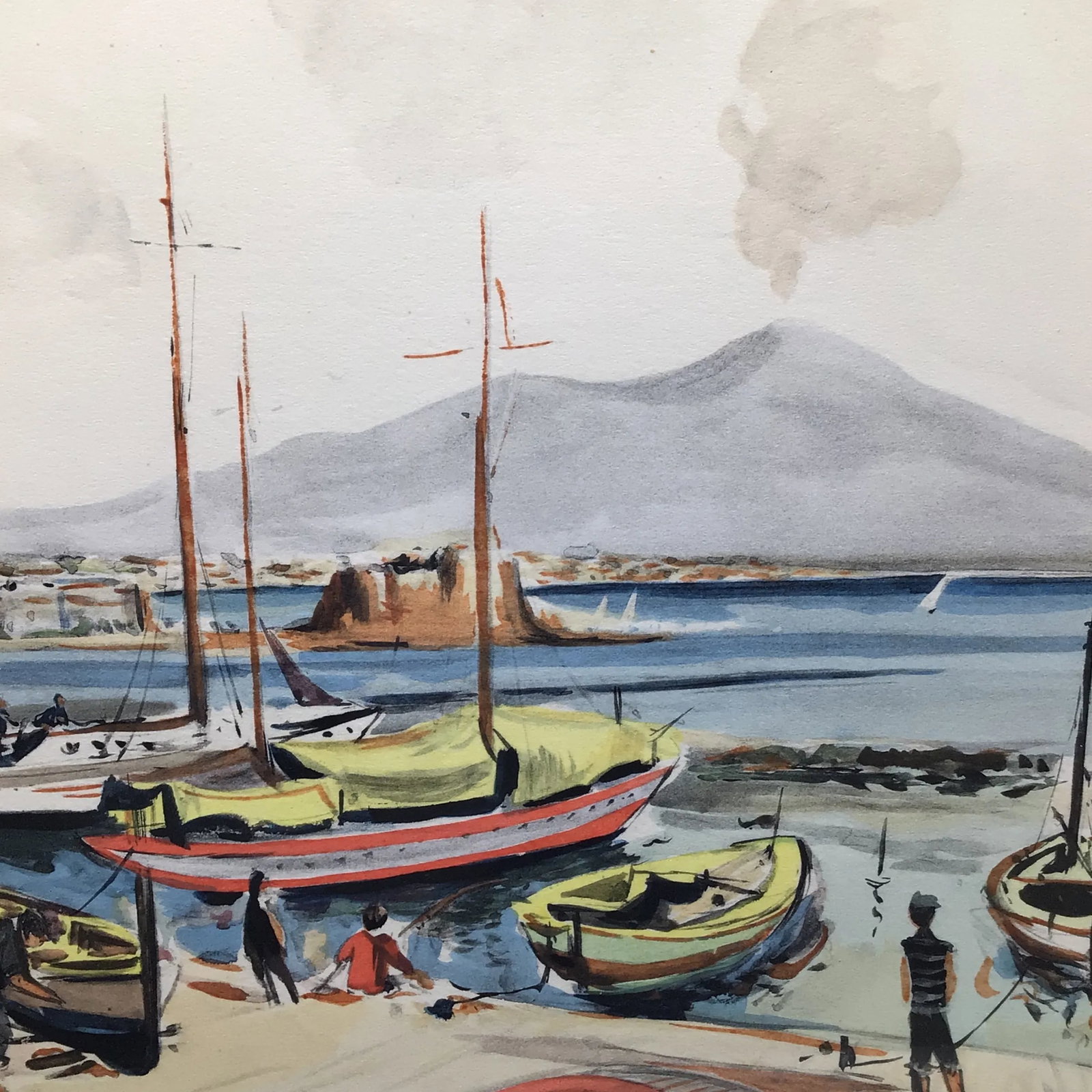 1952 Andrea Curti Framed Napoli Signed Watercolor Fishing Village Scene - 12