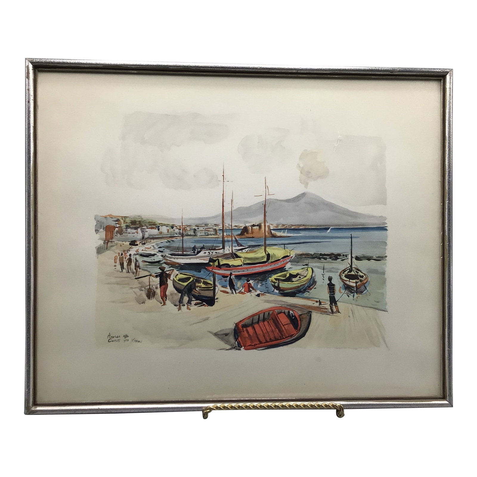 1952 Andrea Curti Framed Napoli Signed Watercolor Fishing Village Scene (1 of 12)